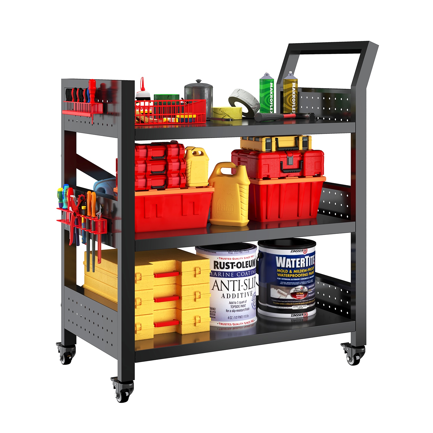 Cuschoice 24.4-in W x 13.7-in D x 30.3-in H Heavy Duty 3 Tier Shelf with Pegboard 600 lbs Lockable Rolling Tool Cart Adjustable Storage