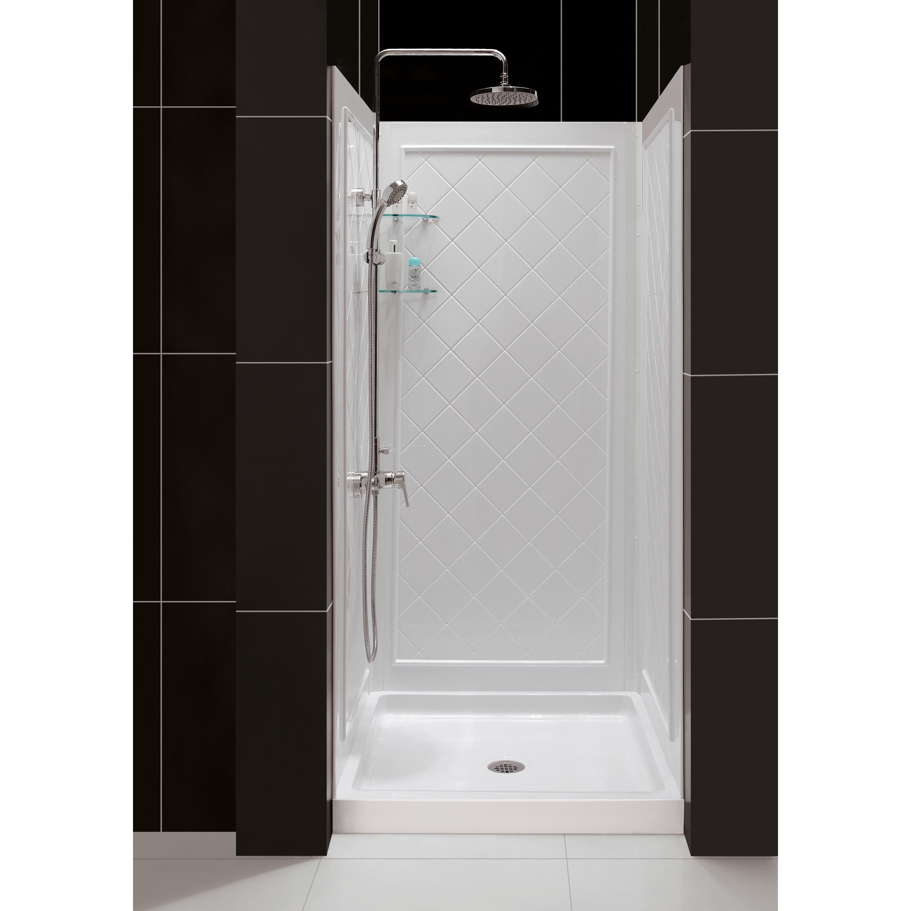 Lavish 33-1/2 in. L x 59 in. W x 87 in. H Center Drain Alcove Shower Stall  Kit in White and Chrome with Easy Fit Drain