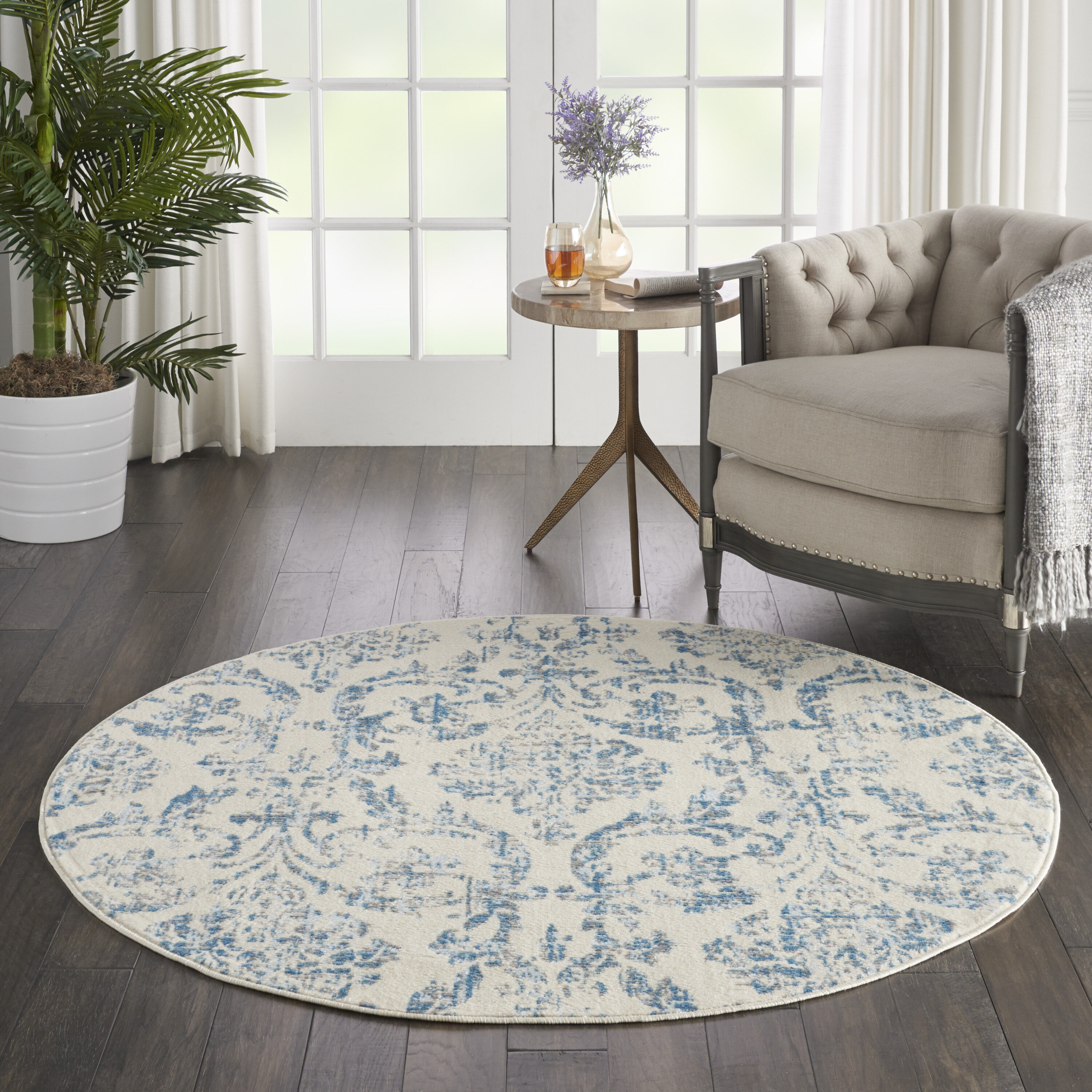 Nourison 99446478771 Jubilant 5 x 5 (ft) Loomed Polypropylene Ivory/blue Round Indoor Abstract Area rug