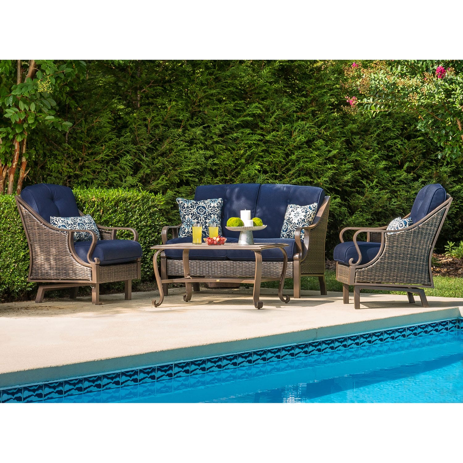 Hanover VENTURA4PC-NVY Ventura 4 -Piece Woven Patio Conversation Set with Blue Hanover Cushions
