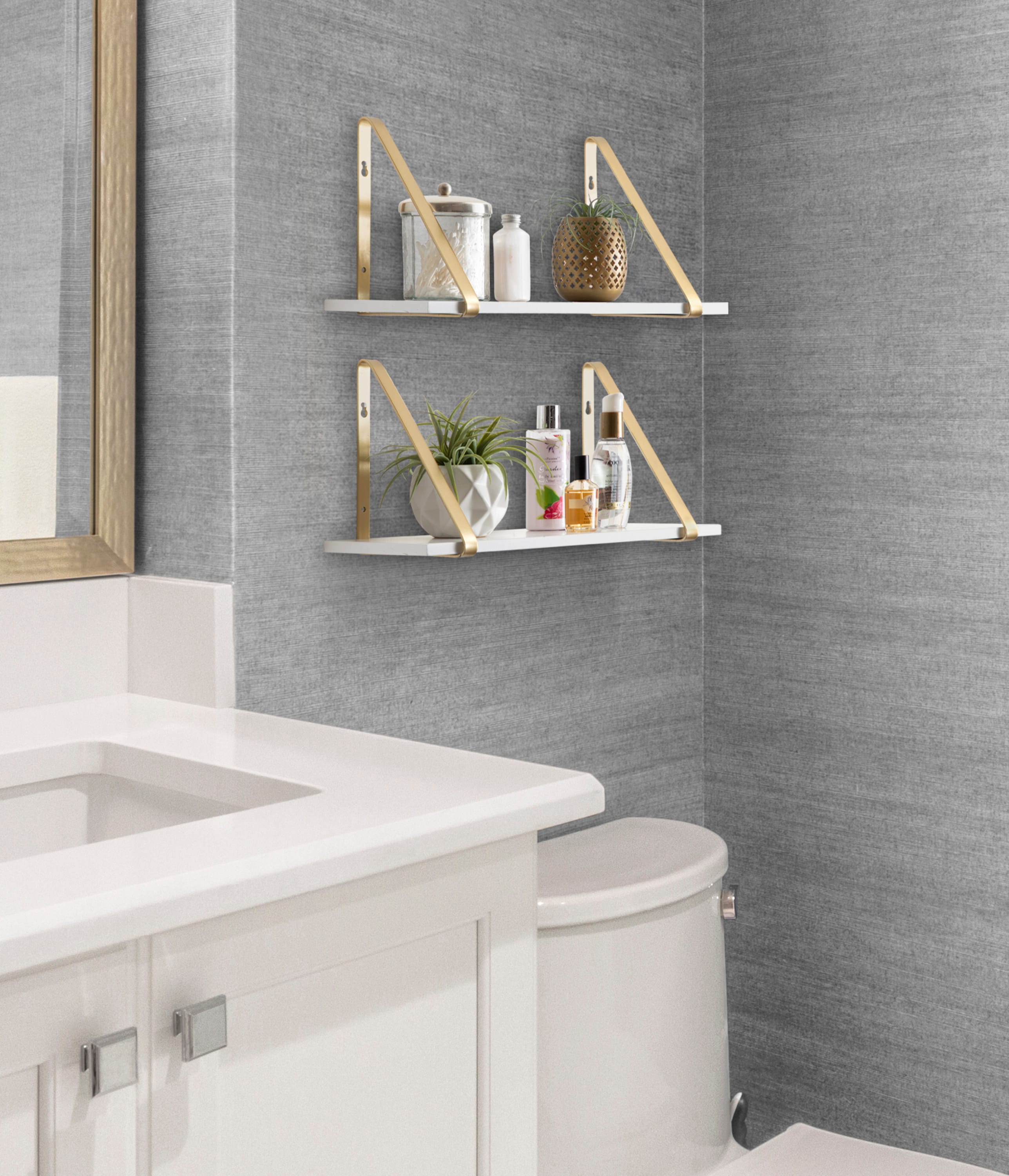 Soloman 21" White and Gold Modern Wooden Wall Shelves - 2 Piece