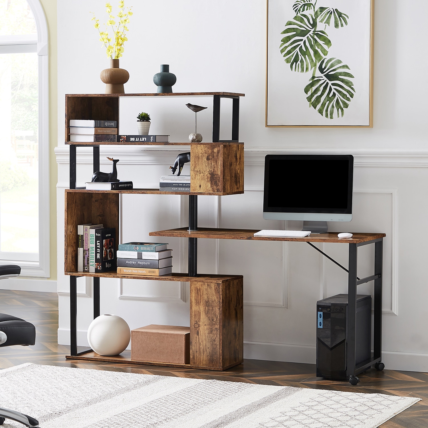 GZMR Computer Desk L-Shaped Corner Table 47.2-in Brown Modern