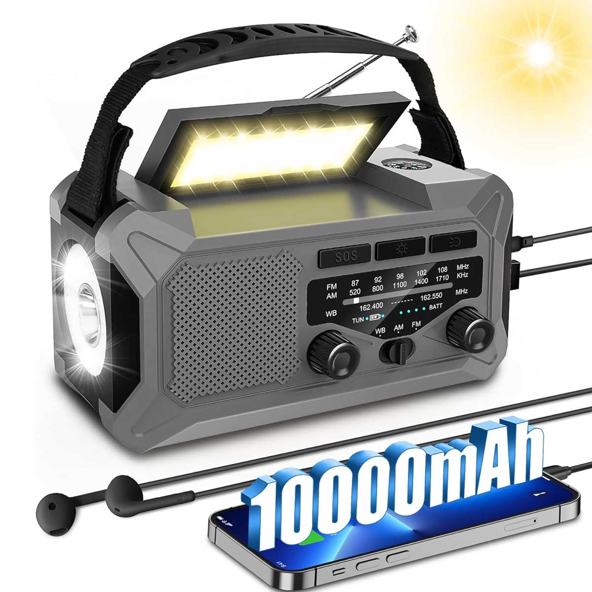 Aoibox LAWR0917032 Emergency Weather Radio with Wireless Speaker NOAA AM FM Hand Crank Solar Power Flashlight Phone Charger Compass Reading Lamp SOS Alarm