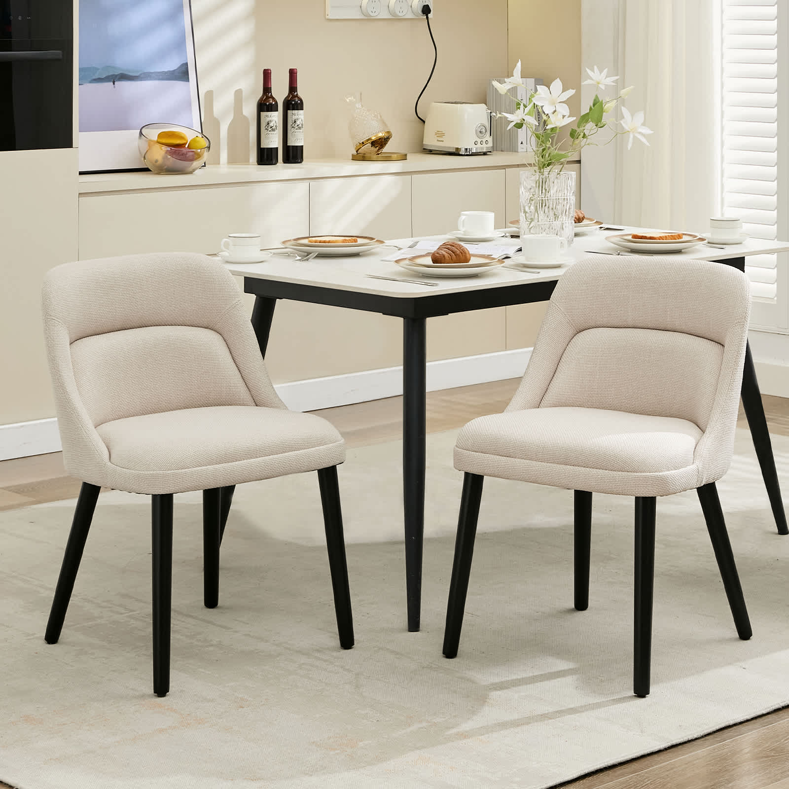 Qeetex SUN-PHK-33PQN6F4 Set of 2 Modern Upholstered Linen Dining Chairs with Wooden Legs