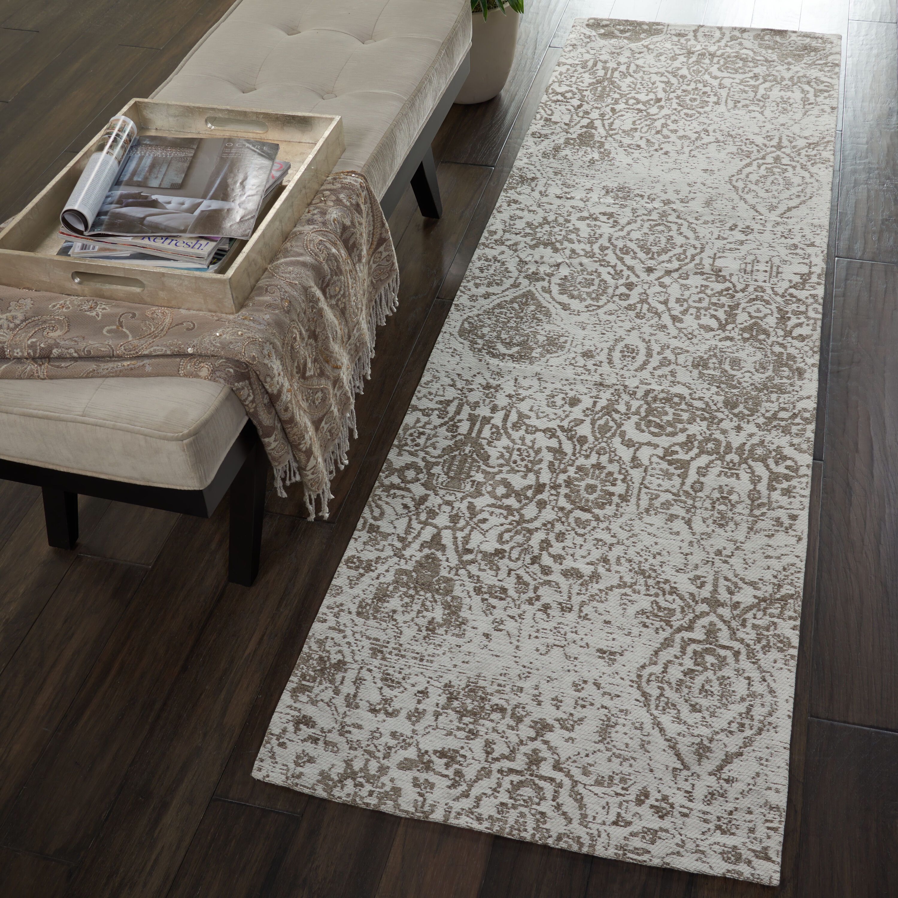Nourison 99446166753 Damask 2 x 8 (ft) Loomed Polyester Ivory Rectangular Indoor Abstract Moroccan Area rug