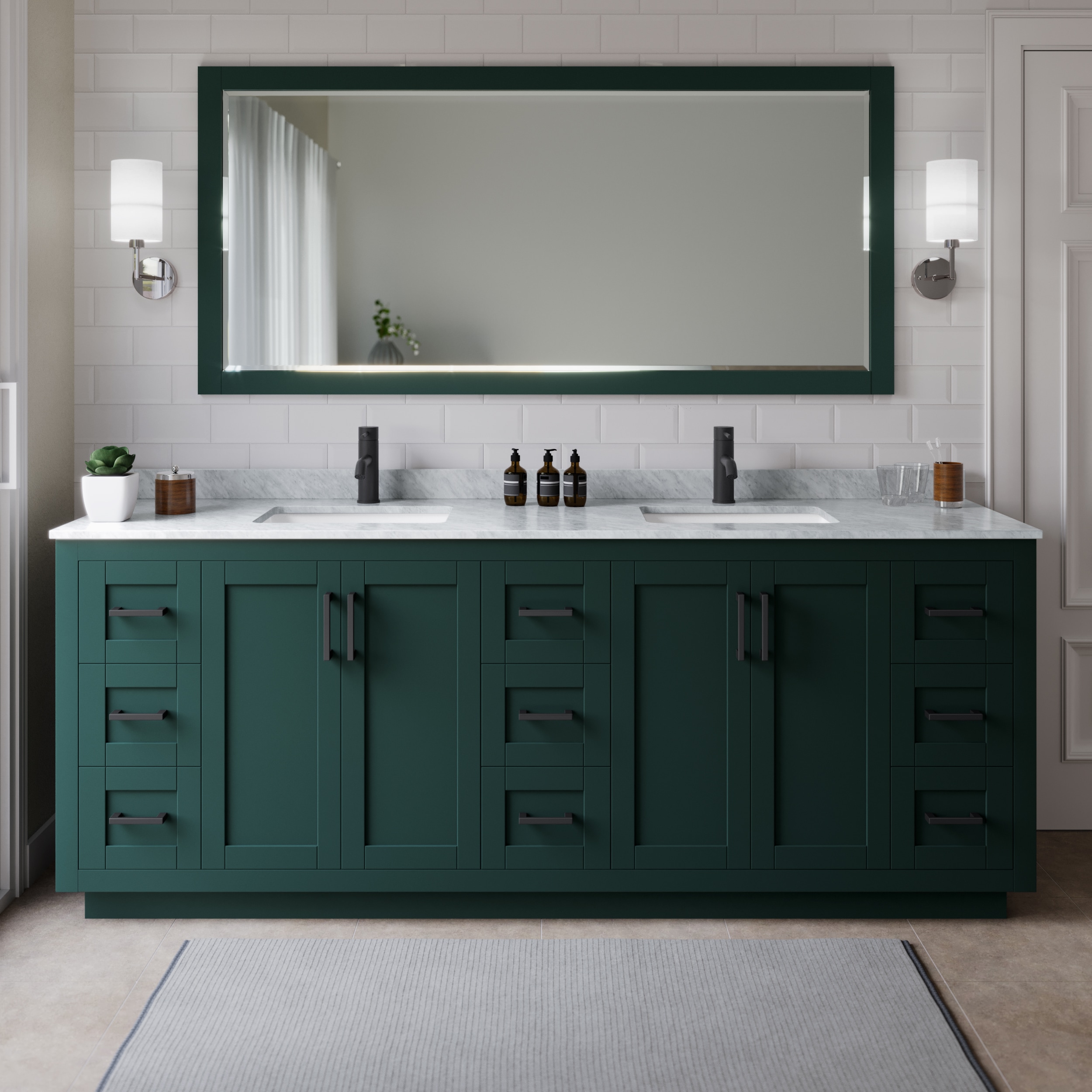 Wyndham Collection WCF292984DGKCMUNSMXX Miranda 84-in Green with Matte Black Trim Undermount Double sink Bathroom Vanity with White Carrara Marble Marble Top