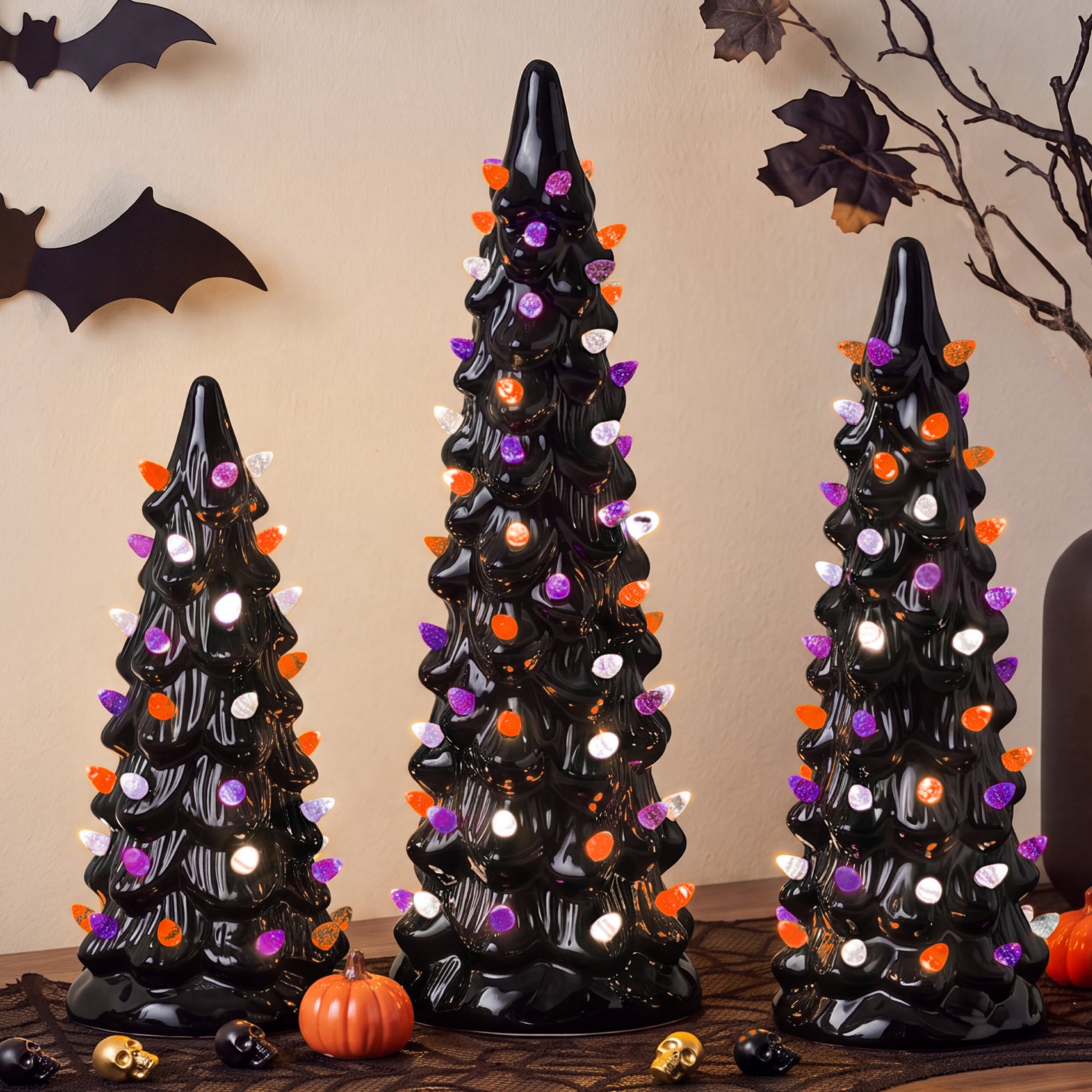 Best Choice Products  3Pc Ceramic Halloween Trees Pre-Lit Hand Painted Pencil Tabletop Holiday Decoration LEDs