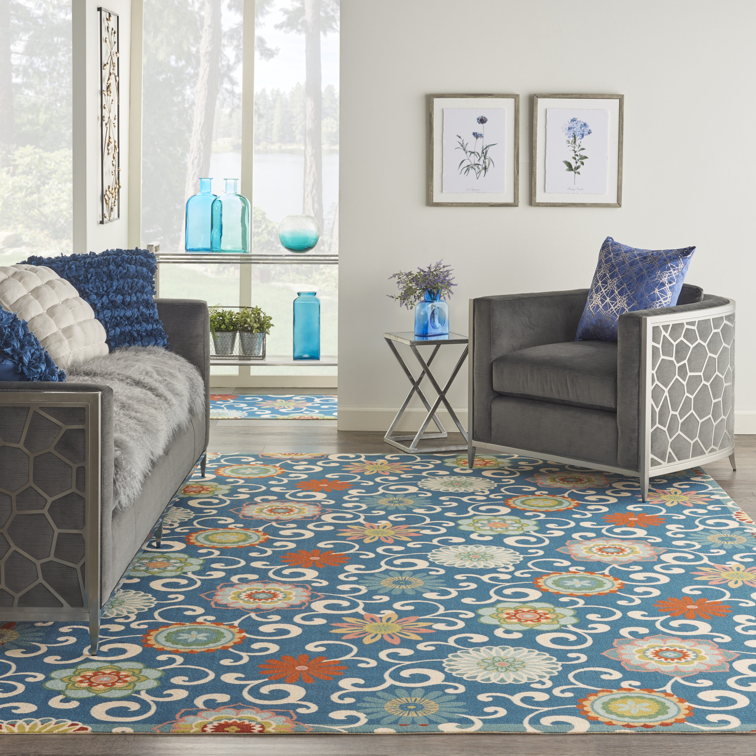 Nourison 99446765451 Sun N' Shade 10 x 13 (ft) Loomed Polyester Blue/Multicolor Rectangular Indoor/Outdoor Floral/Botanical Area rug