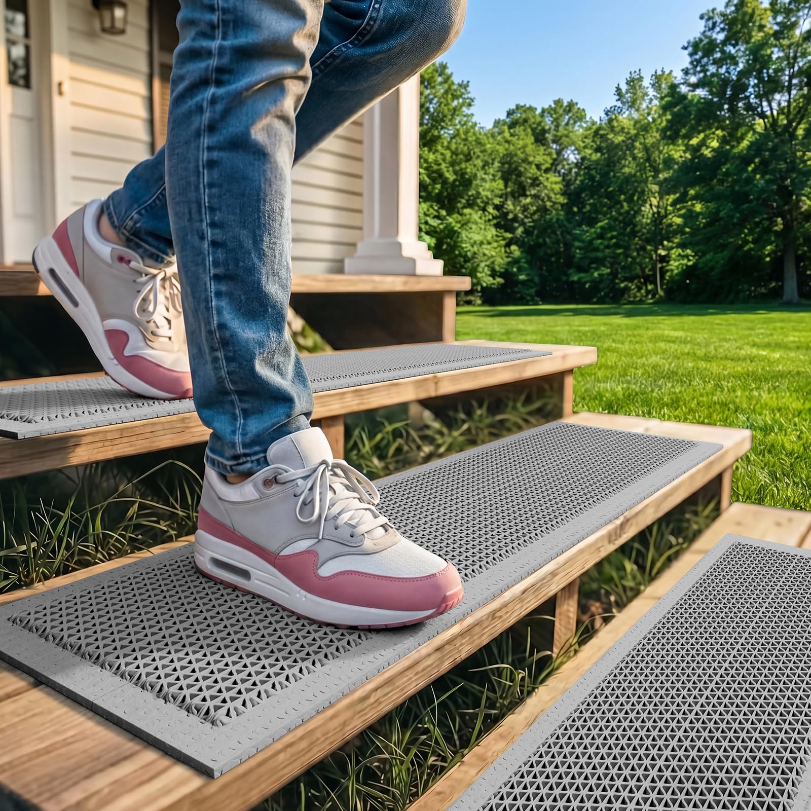 Vrbgify  PVC Stair Treads for Wooden Step Outdoor 8 by 30 Inches 5 Pack Self Draining Non Slip Step Covers Heavy Duty Resistant Exterior Mats Gray