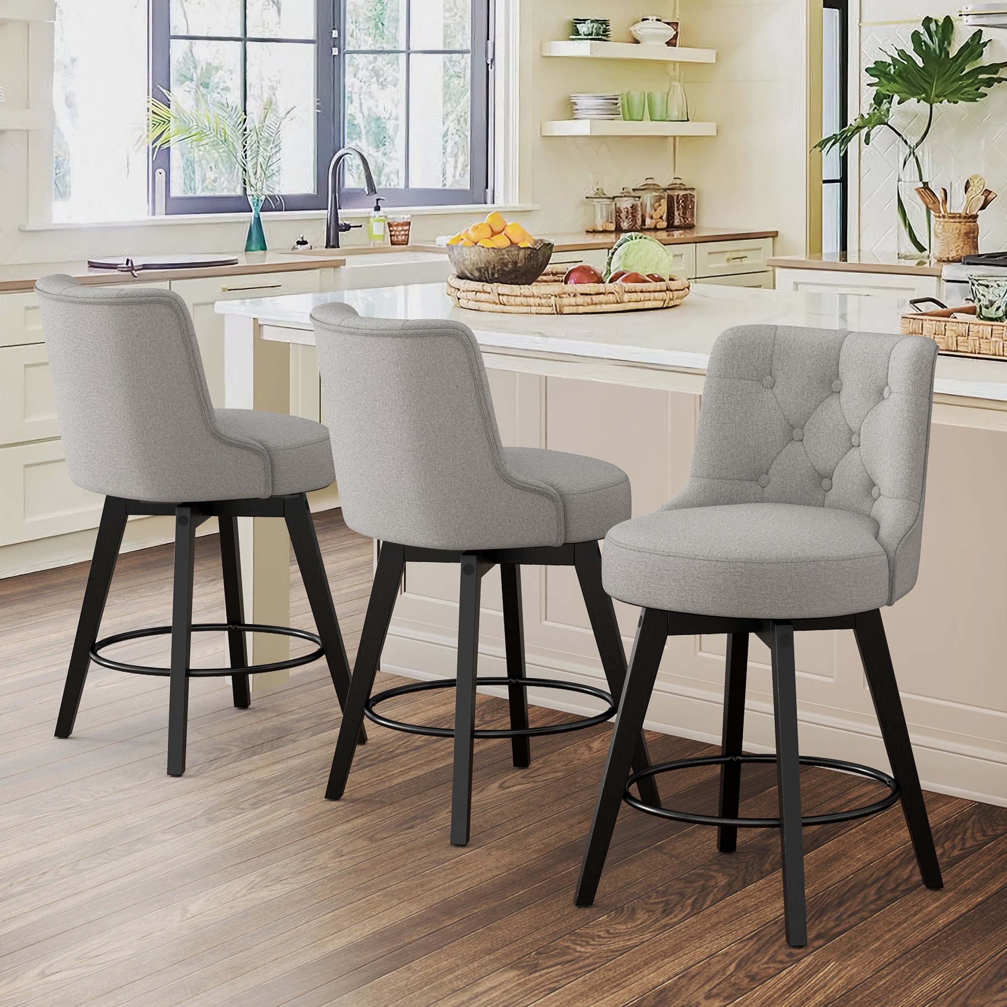 LUE BONA 3YB-156-01LS 3 -Set Gray 26-in H Counter height Round seat Upholstered Swivel Wood Bar Stool and Back