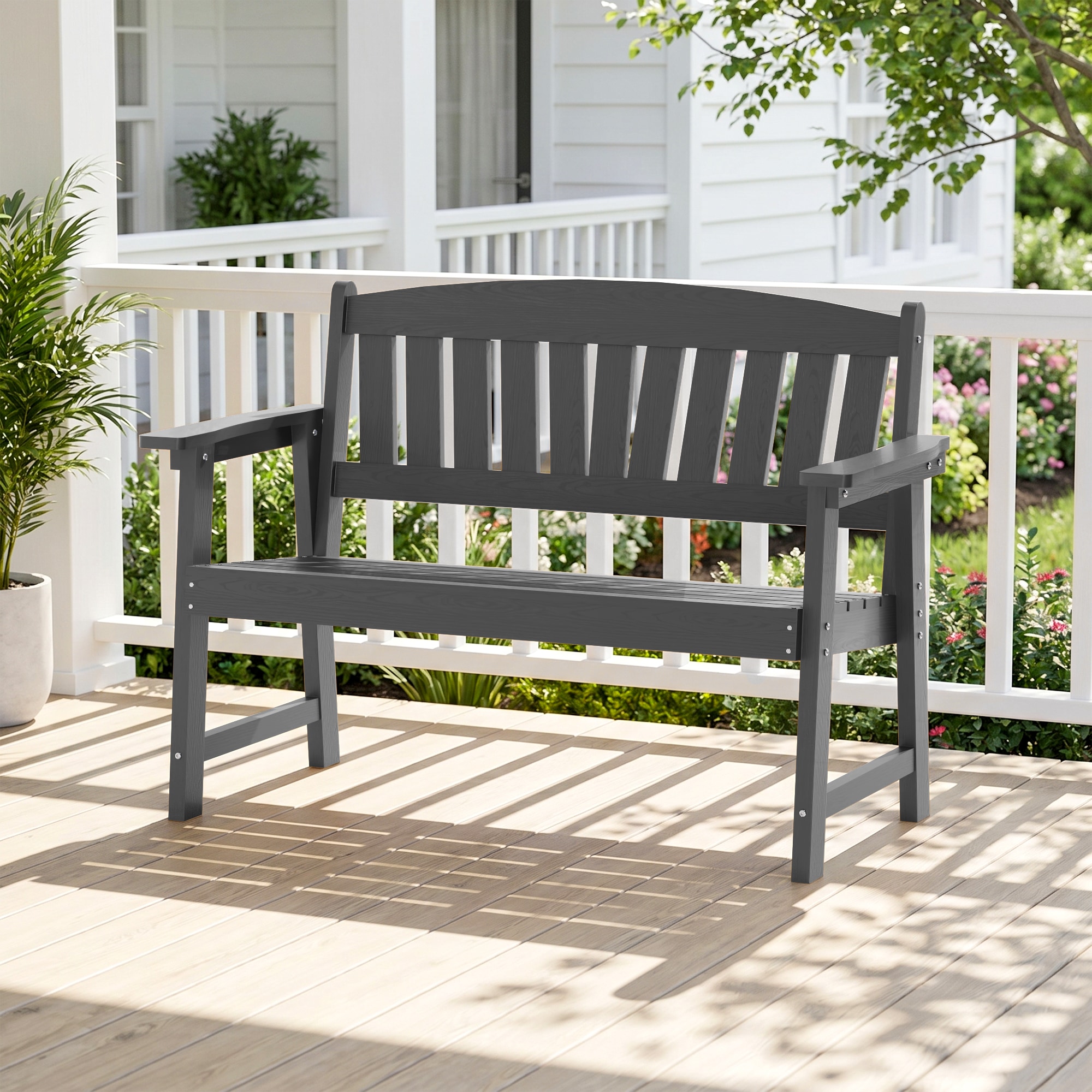 Rattaner - Gray 2-Person Outdoor Bench Heavy-Duty HIPS Weather-Resistant Garden Bench with Contou...
