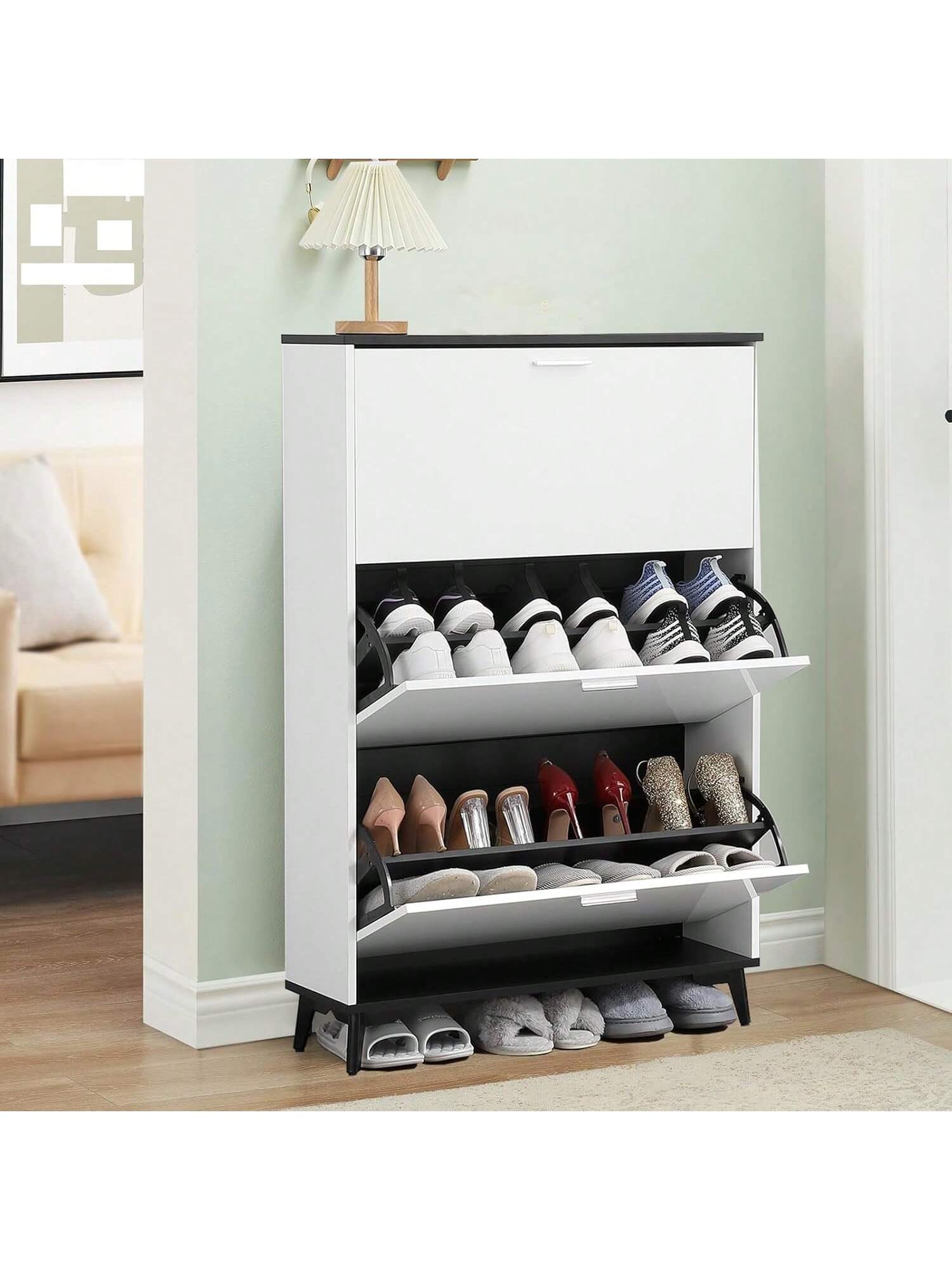 Qeetex PHO-16PC5C6J-HF4 Shoe Storage Cabinet With 3 Flip Drawers. Narrow Shoe Rack Cabinet Modern Freestanding Shoe Organizer Freestanding Anti-Dumping Shoe Organizer For Entryway Hallway. White