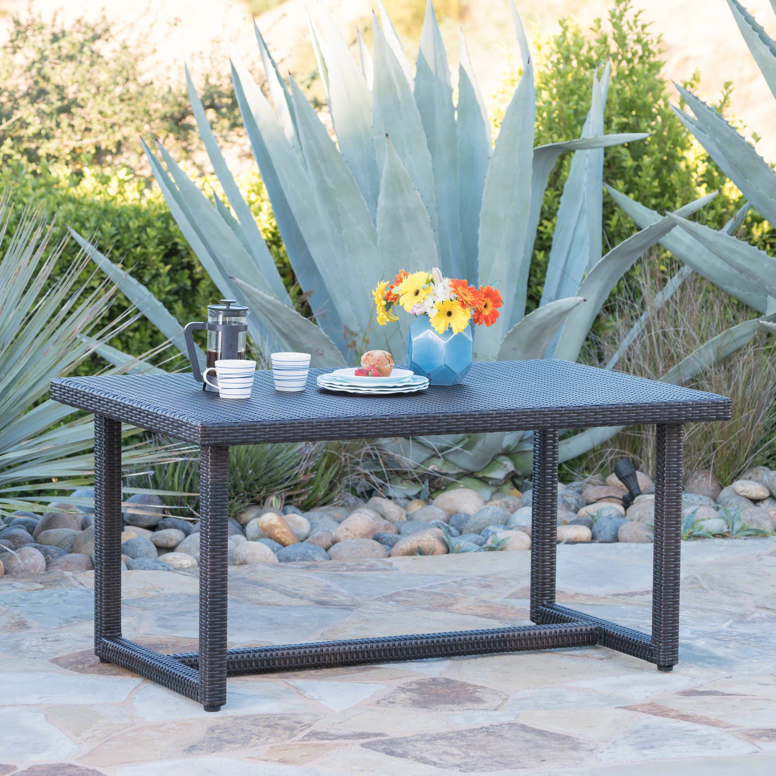 AAZJ Patio Table Rectangle Wicker Outdoor Dining Table 33.75-in W x 59-in L