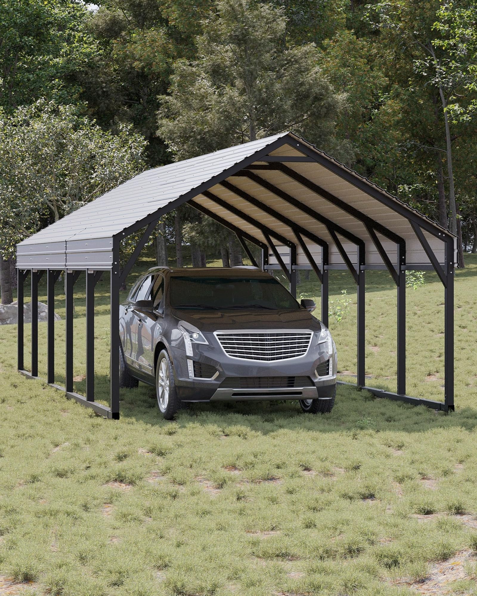 Garvee - 12x25 ft All Metal Carport Reinforced Steel Frame Steel Roof All Weather Permanent Shelt...