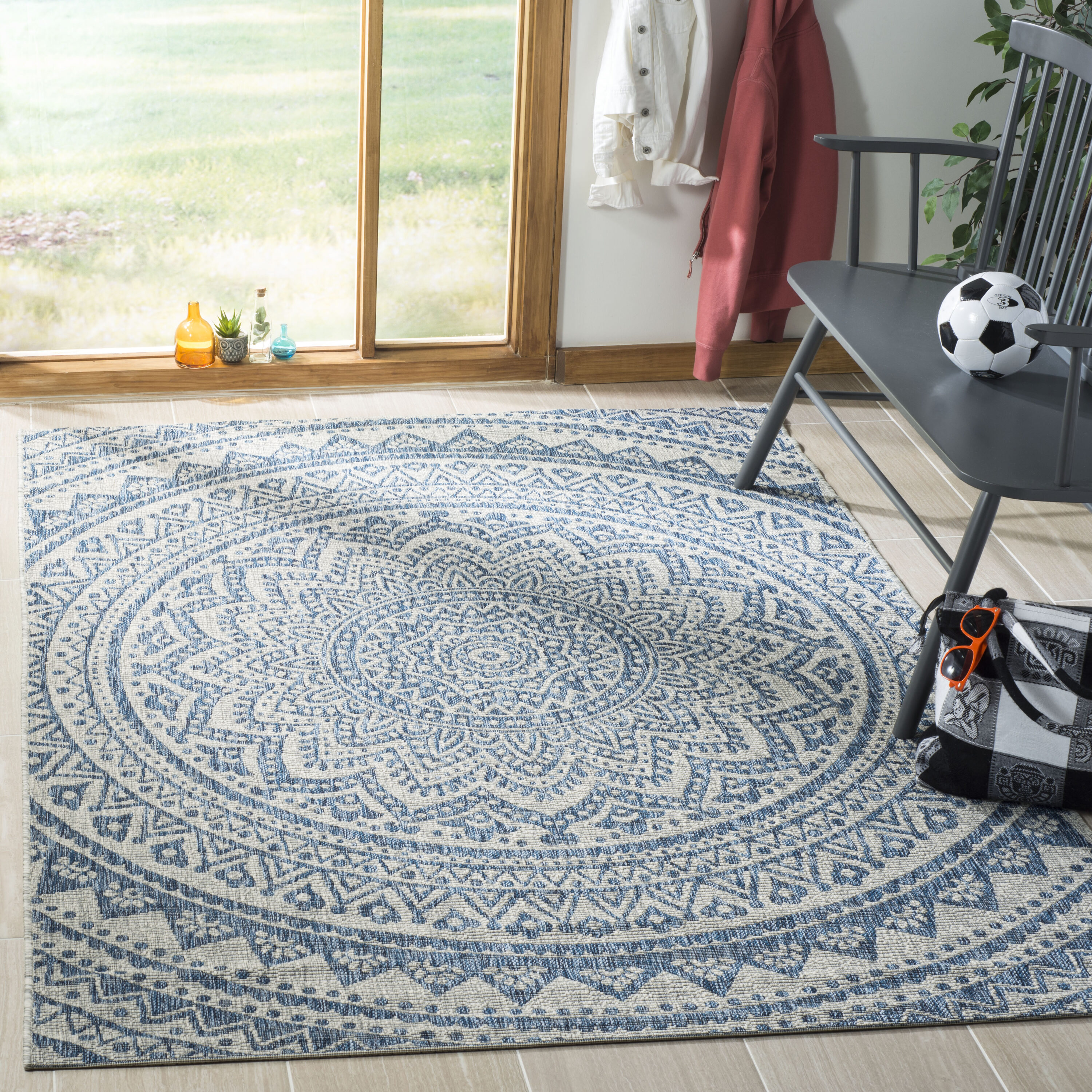 Safavieh CY8734-36812-4SQ Courtyard Bora 4 x 4 (ft) Loomed Polypropylene Light Gray/Blue Square Indoor/Outdoor Abstract Area rug