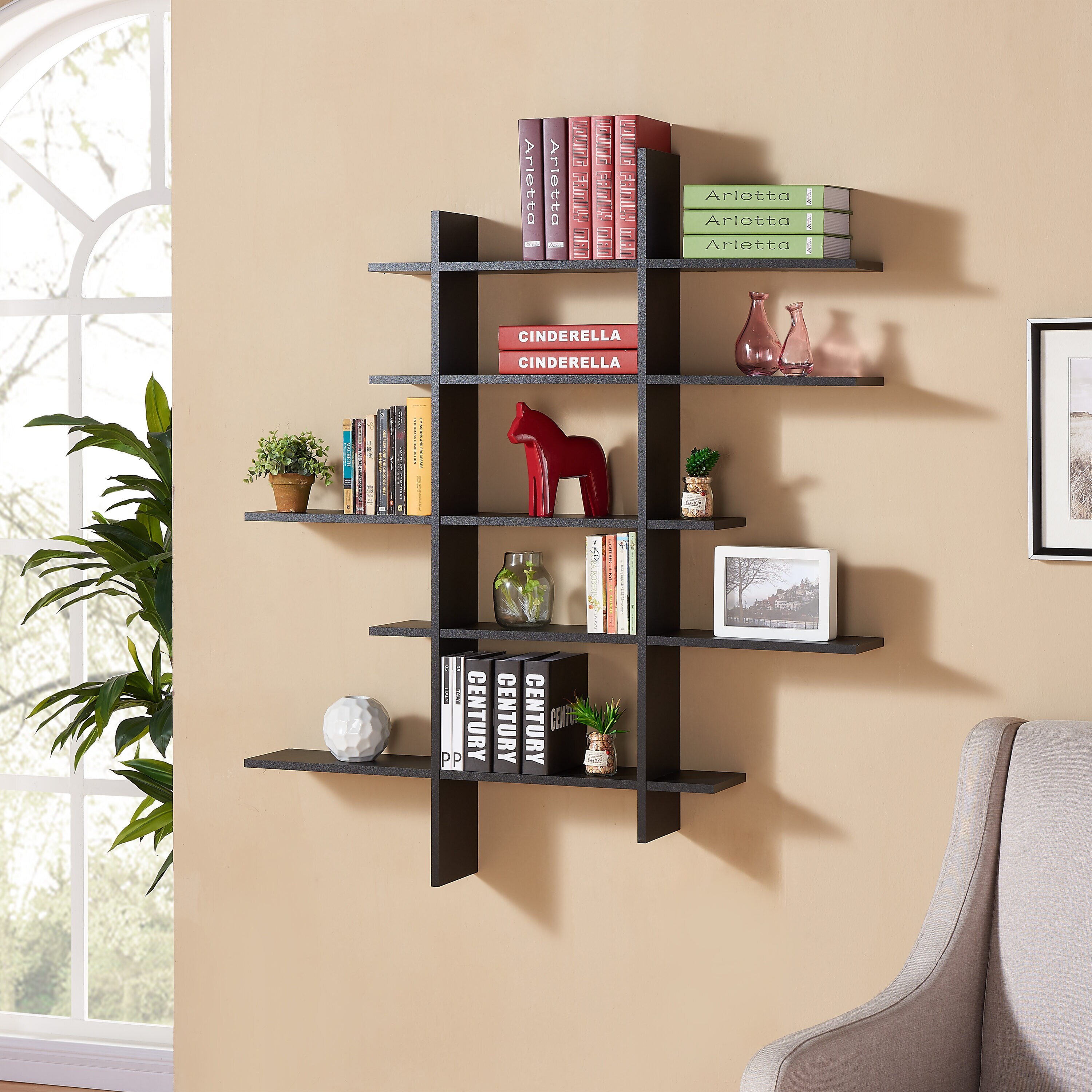 Large Modular Shelving System Modern Wall Shelving Unit With 5 Shelves  Hand-made From Solid Wood and Steel Brackets 