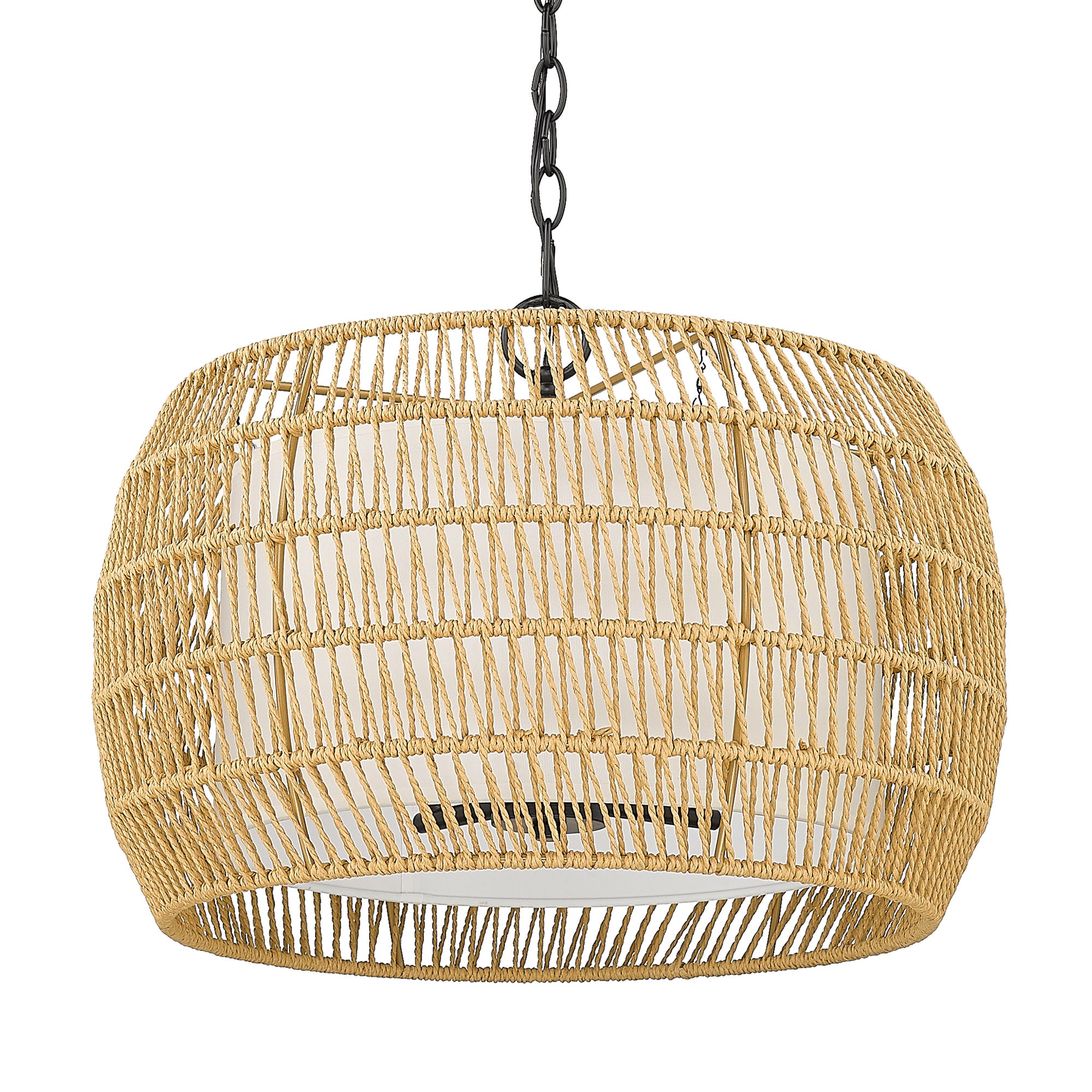 Everly Matte Black Drum Chandelier with Handwoven Rattan Detail