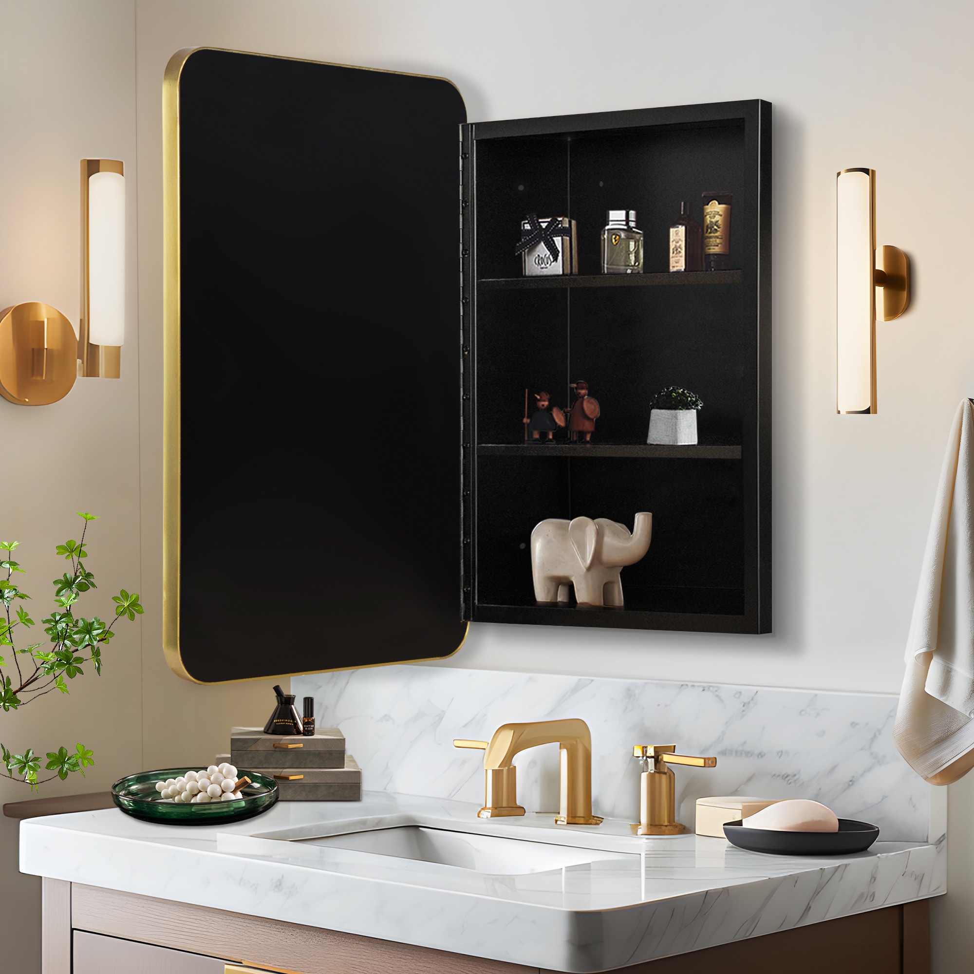 NeuType 16-in x 24-in Surface/Recessed Mount Gold Mirrored Medicine ...