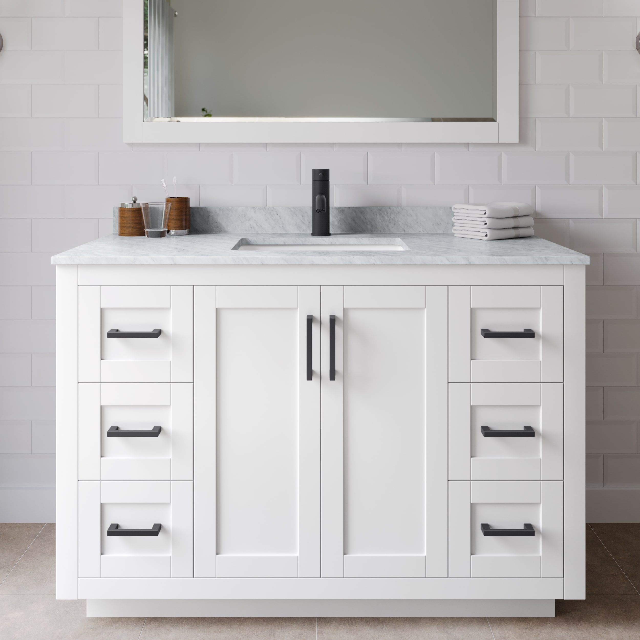 Wyndham Collection WCF292948SWBCMUNSMXX Miranda 48-in White with Matte Black Trim Undermount Single sink Bathroom Vanity with White Carrara Marble Marble Top