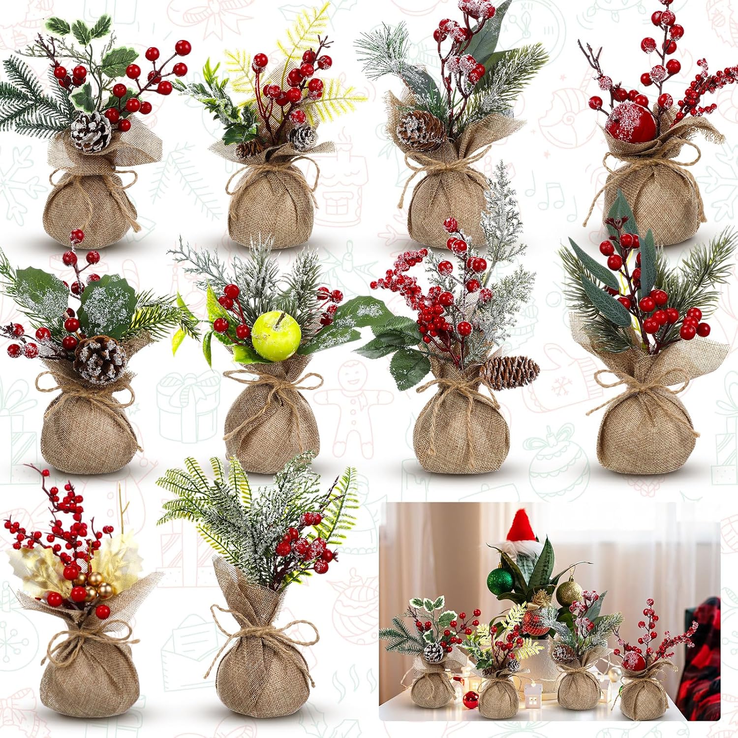 ZHANYIGY 10 Pack Mini Christmas Tree Tabletop Decorations 8-10 Inch Small Artificial Trees with Red Berries Pine Cone Holiday Table Centerpieces Bulk for Fireplace Mantel Xmas Decor(Stylish Style)