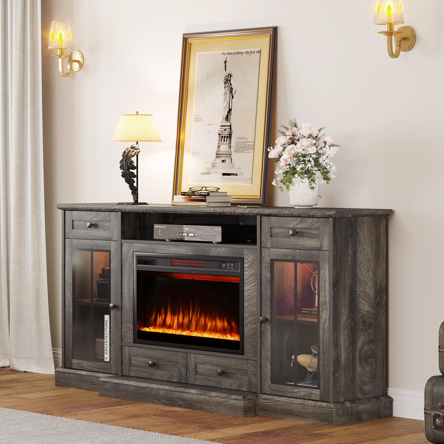 AOXUN H21034GR+H20024 58-Inches W Gray TV Stand with LED Flat wall Electric Fireplace with Remote Control Included