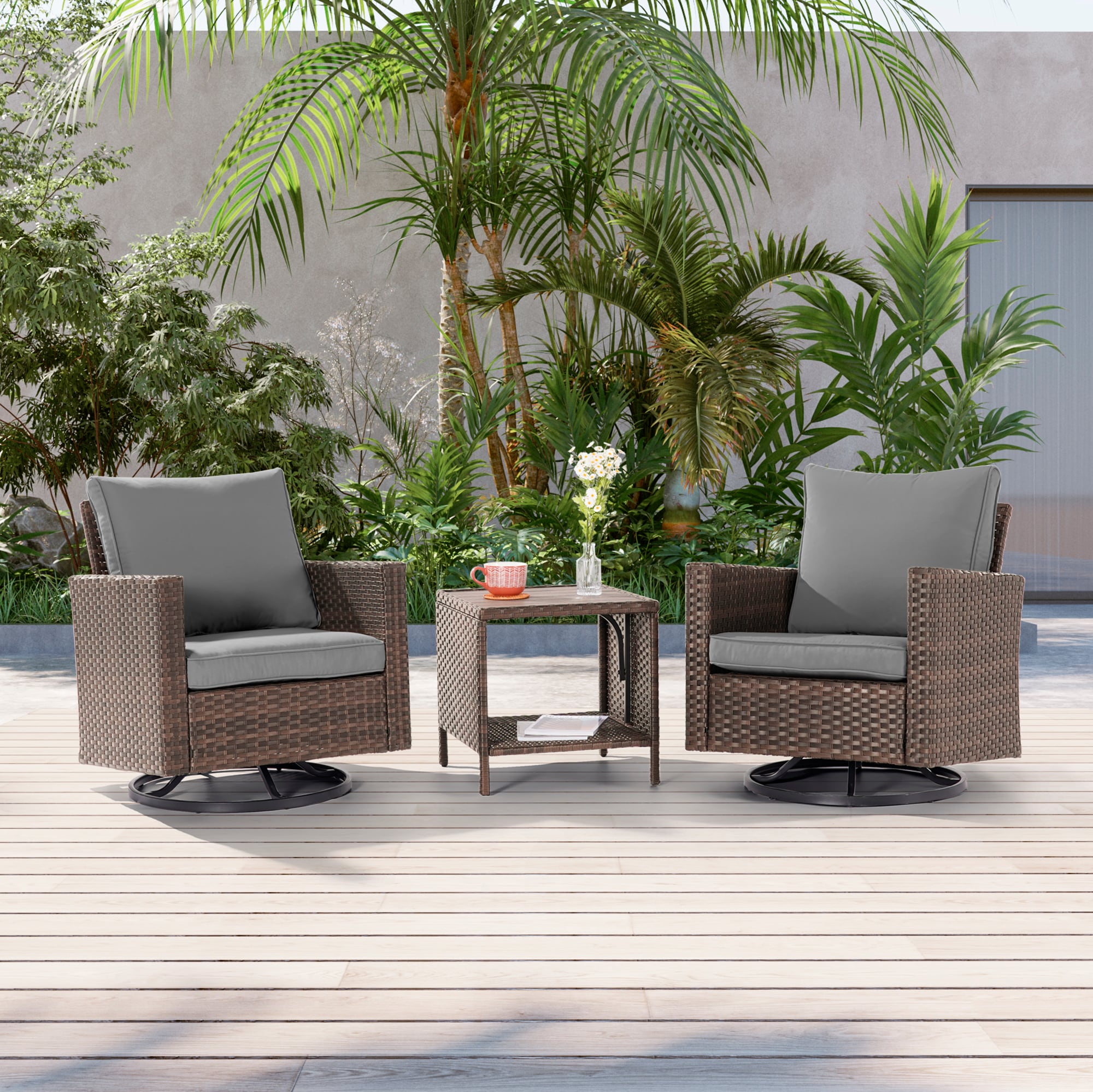 Sonkuki SD-PS2R-BGY-T3 Patio Conversation Set 3 -Piece Wicker Patio Conversation Set with Gray Cushions