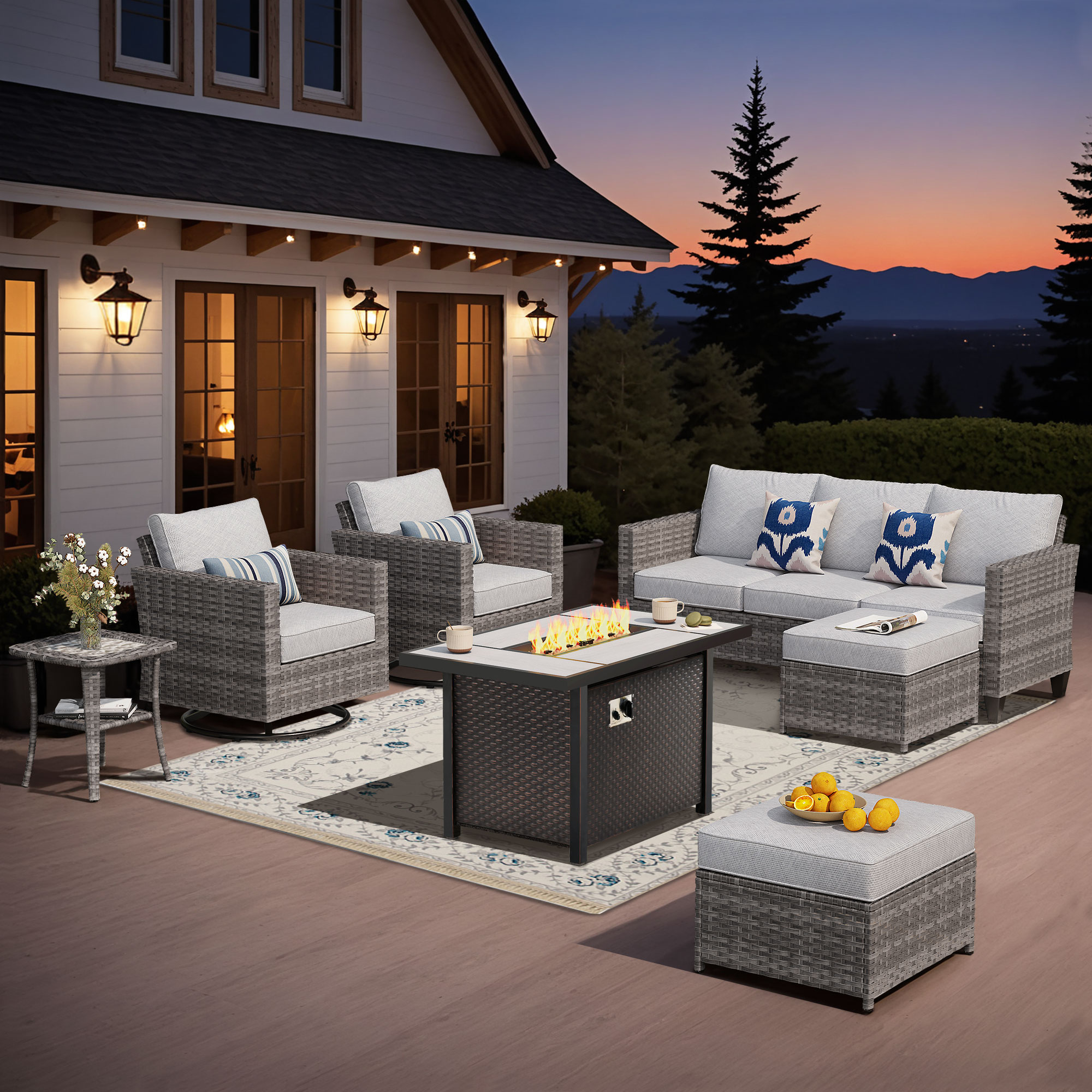 Pouuin STFP-YZGRS707 7 -Piece Wicker Patio Sofa Conversation Set with Gray Cushions