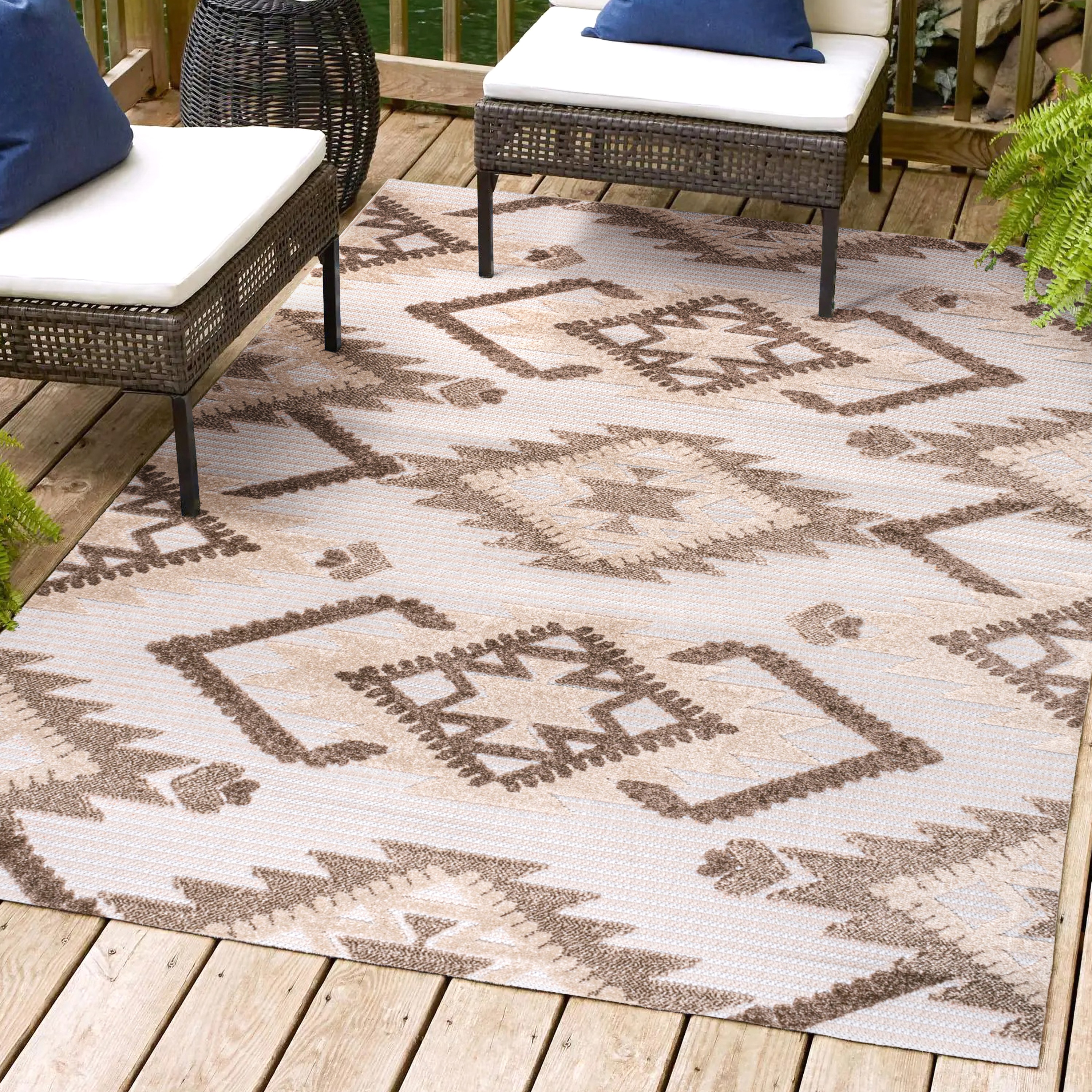 JONATHAN  Y SBH107C-4 South Beach Sumak High-Low Neutral Diamond Kilim 4 x 6 (ft) Loomed Polypropylene Brown/Ivory Rectangular Indoor/Outdoor Geometric Bohemian/Eclectic Area rug
