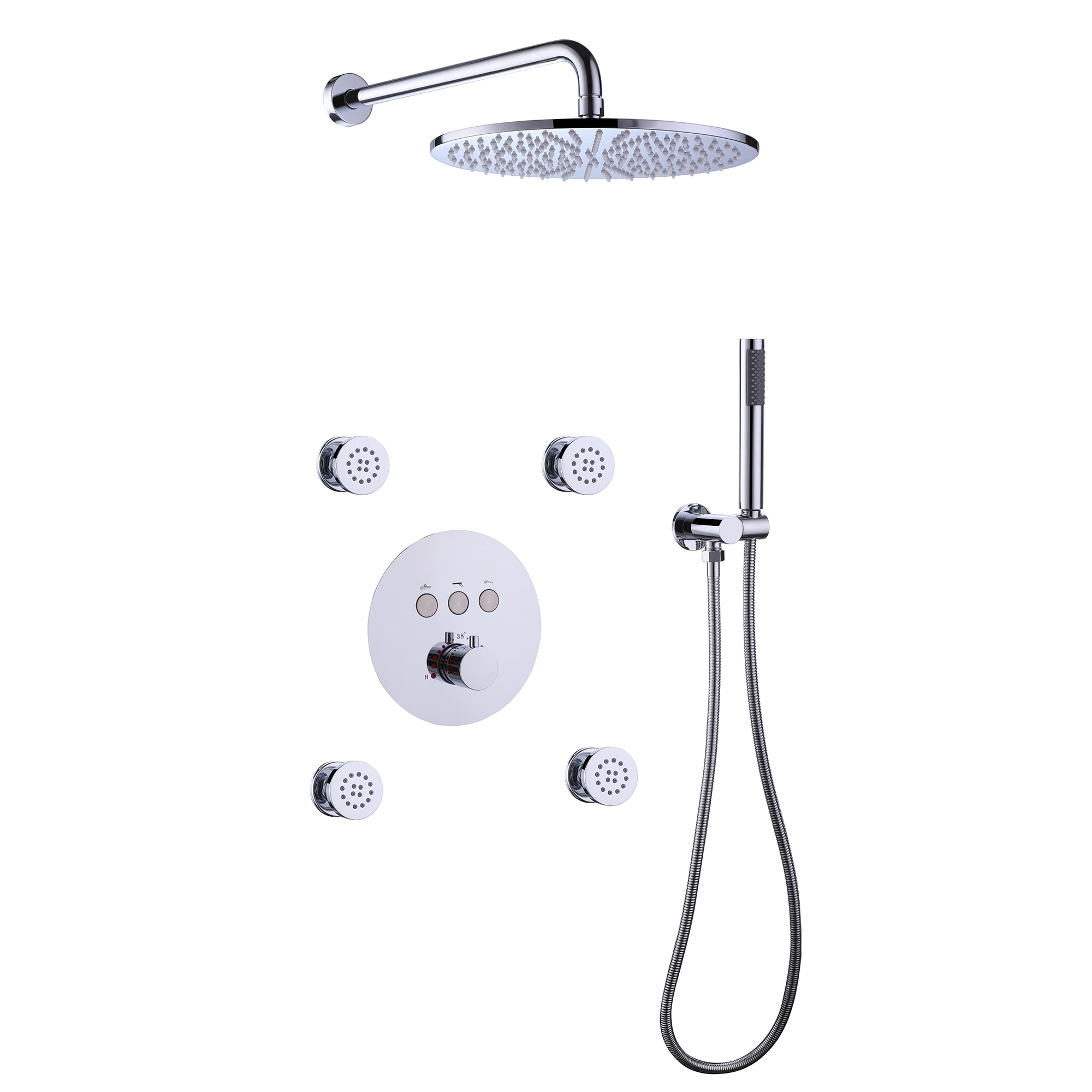 WELLFOR WB-0917 Chrome 12-in Dual Head Built-In Shower Faucet System with 3-way Diverter ( Thermostatic Valve Included )