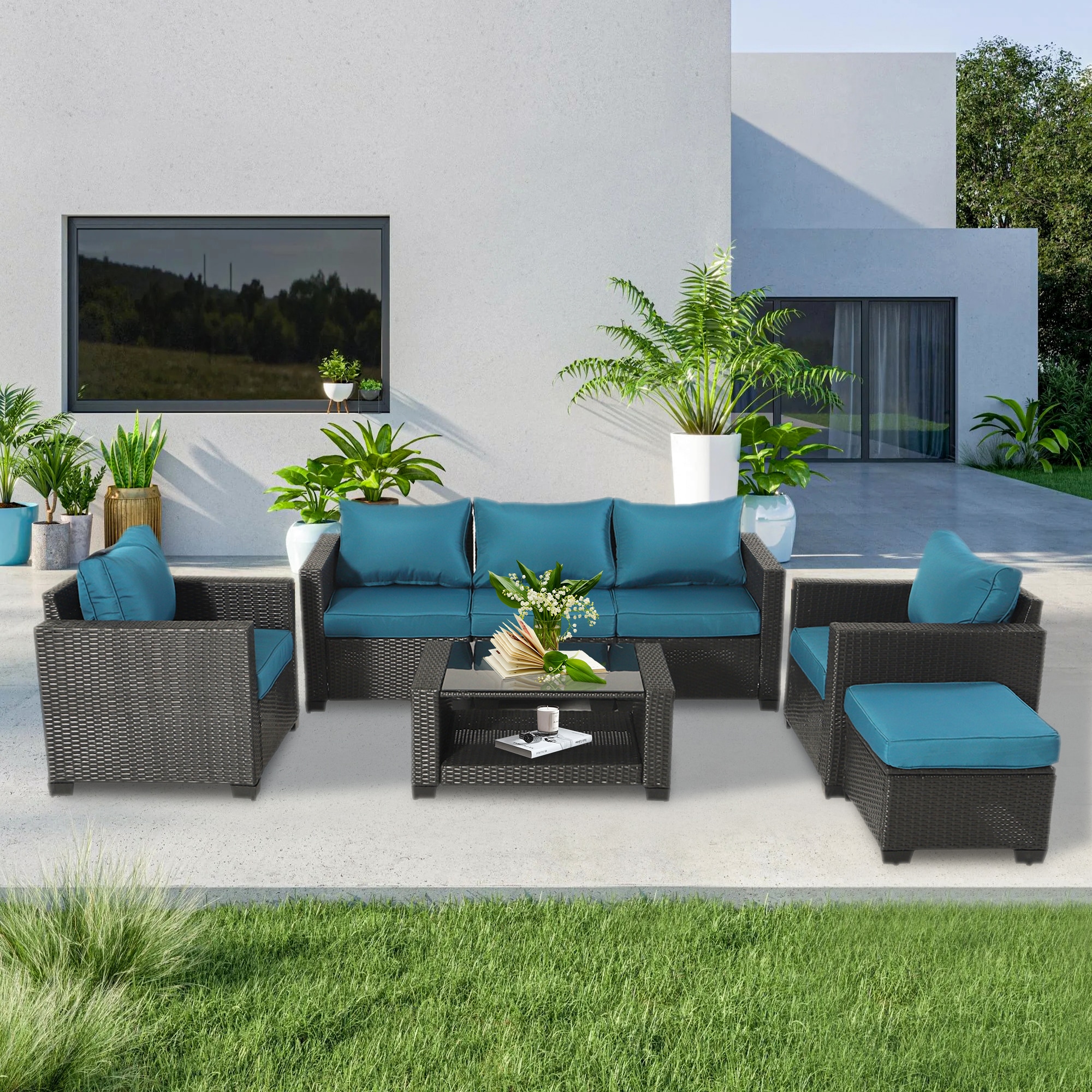 Runesay QCPATIO-25 Conversation Set Wicker Outdoor Sectional with Navy Cushions and Steel Frame