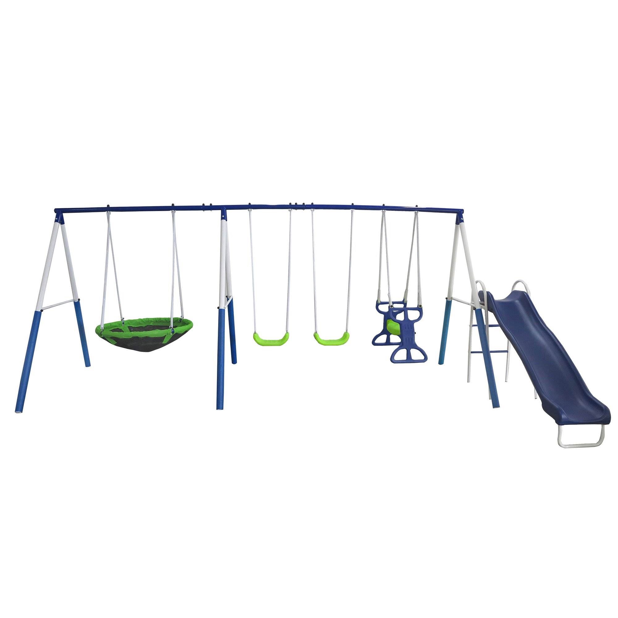 Blue and Green Metal Swing Set with Slide for 7 Kids