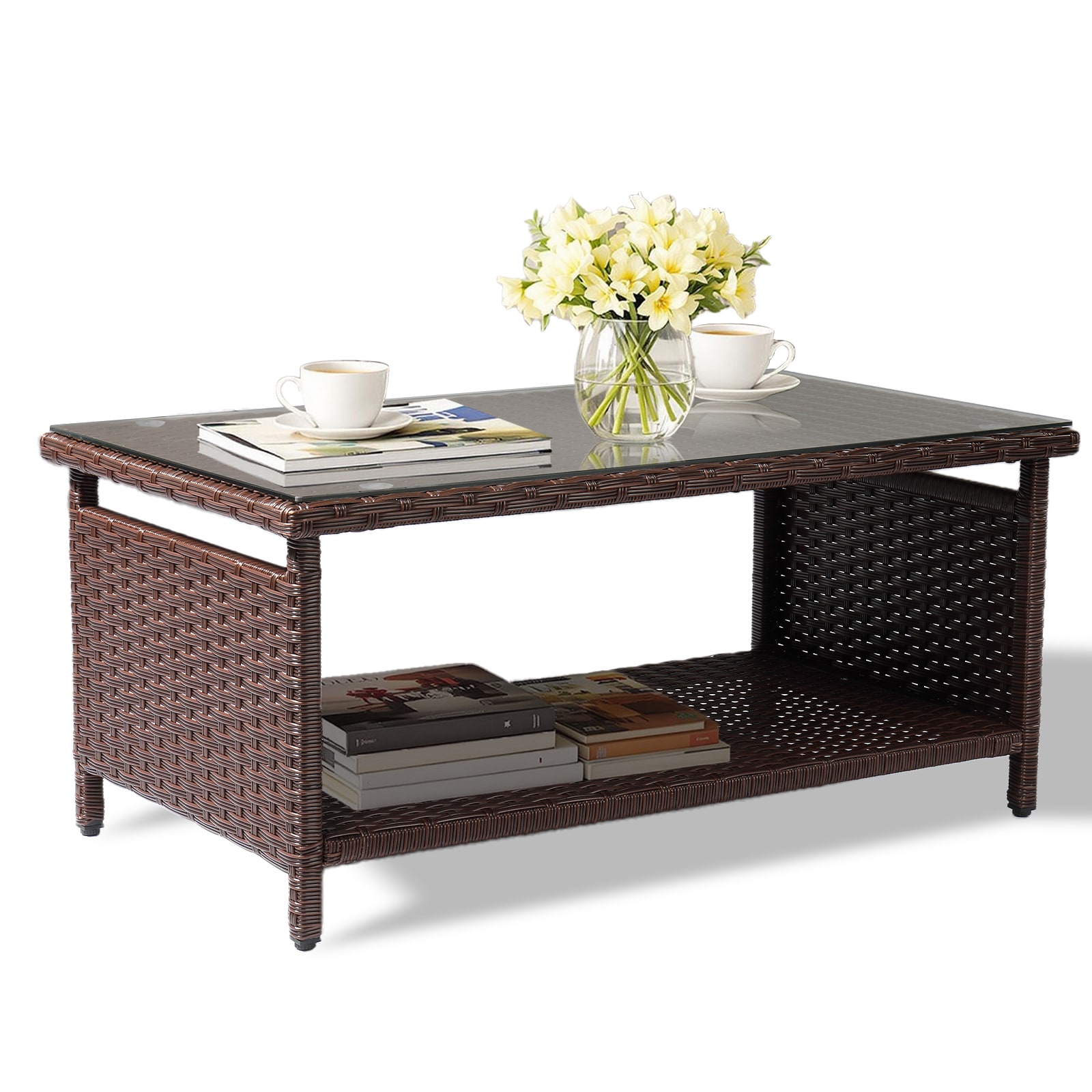 VINGLI - 37W x 16H Outdoor Wicker Coffee Table with Tempered Glass Top and Storage for Patio Balc...