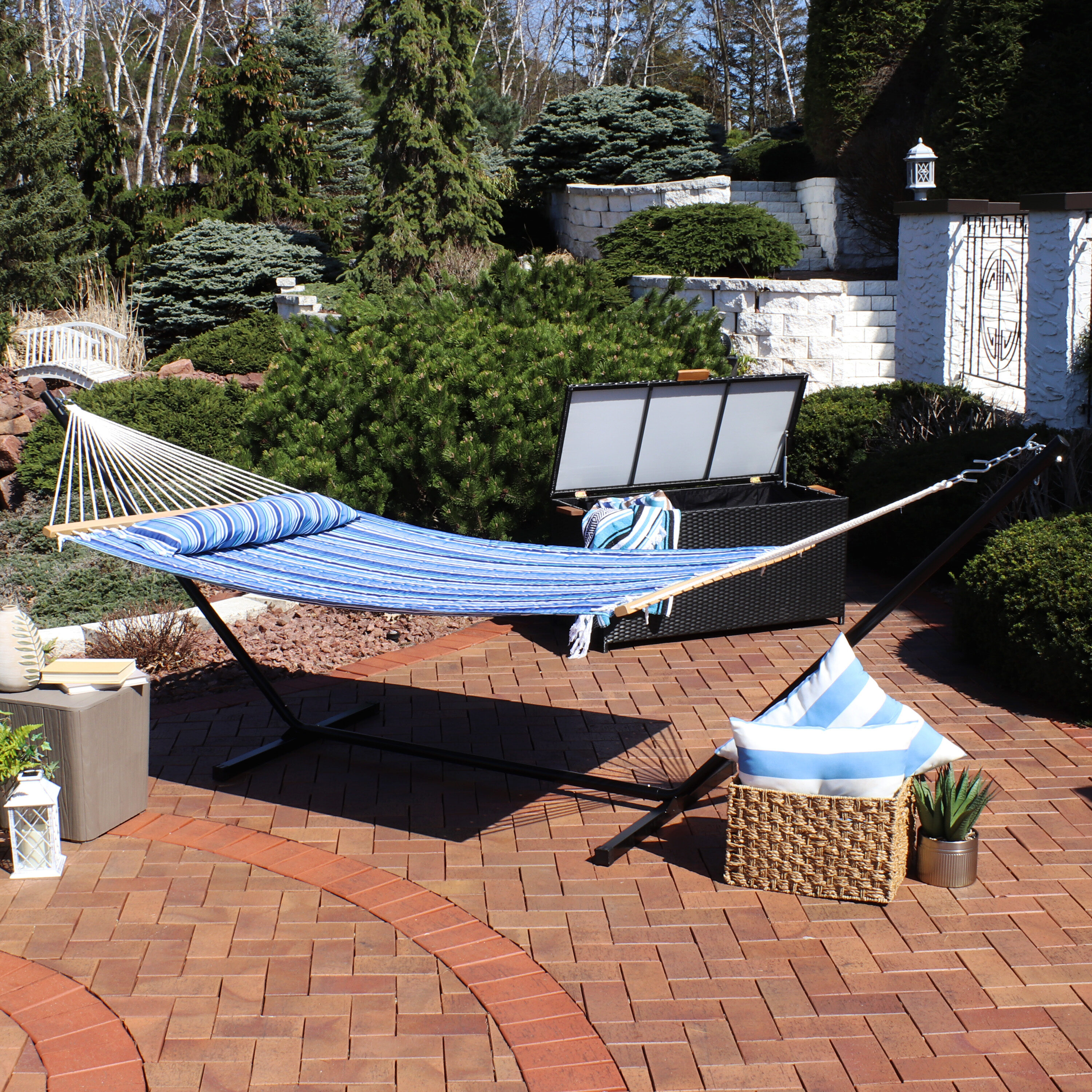 Sunnydaze Decor LY-QFH-CB-COMBO 2 Person Double Hammock with 12 Foot Portable Steel Stand Catalina Beach Fabric Hammock with Stand