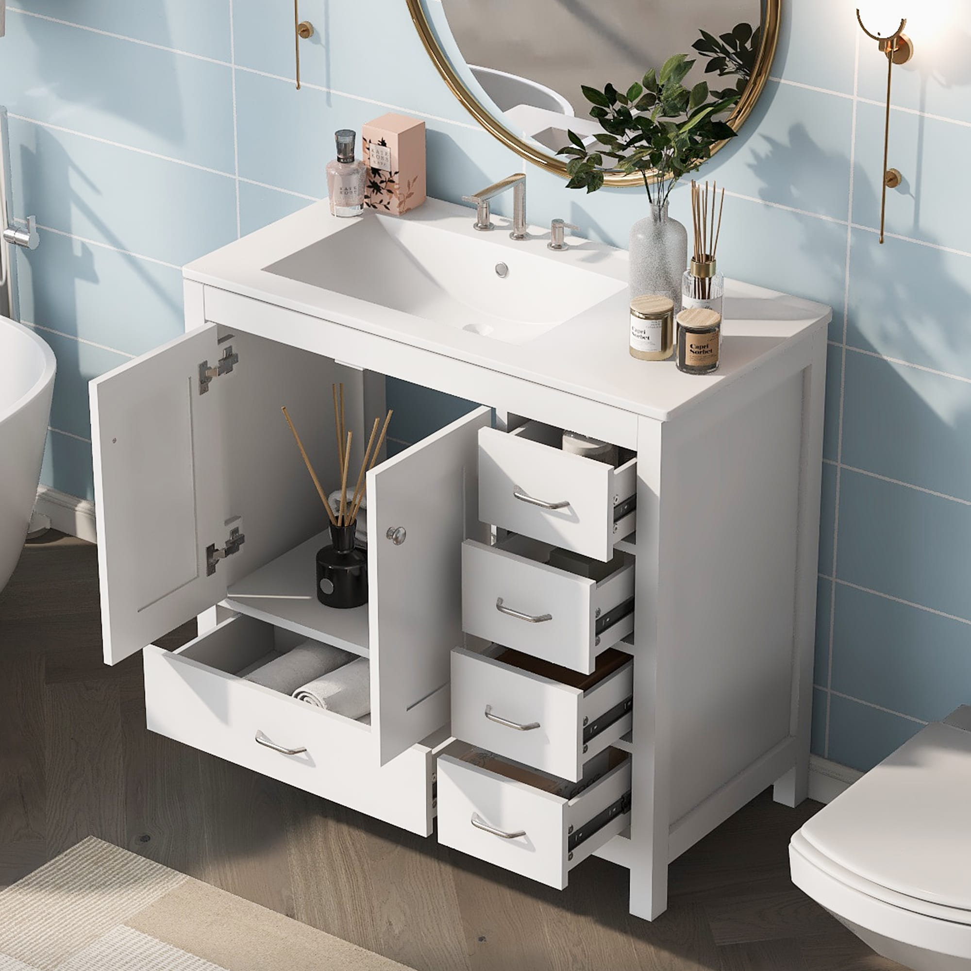 LOVMOR SF-M-WF319798AAK 36Inch White Bathroom Vanity with Ceramic Sink Combo Abundant Storage Cabinet 2 Softclose doors and 5 drawers