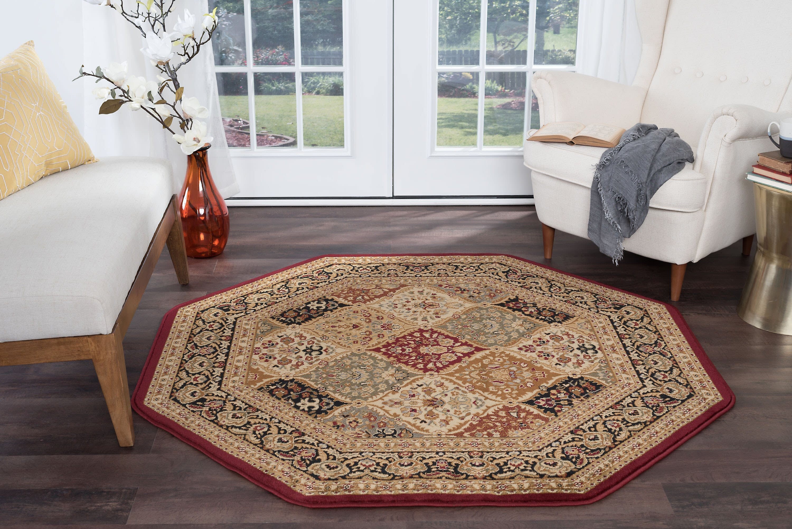 Tayse SNS4770 6OCT Sensation 6 x 6 (ft) Loomed Polypropylene Red Octagonal Indoor Border Oriental Area rug