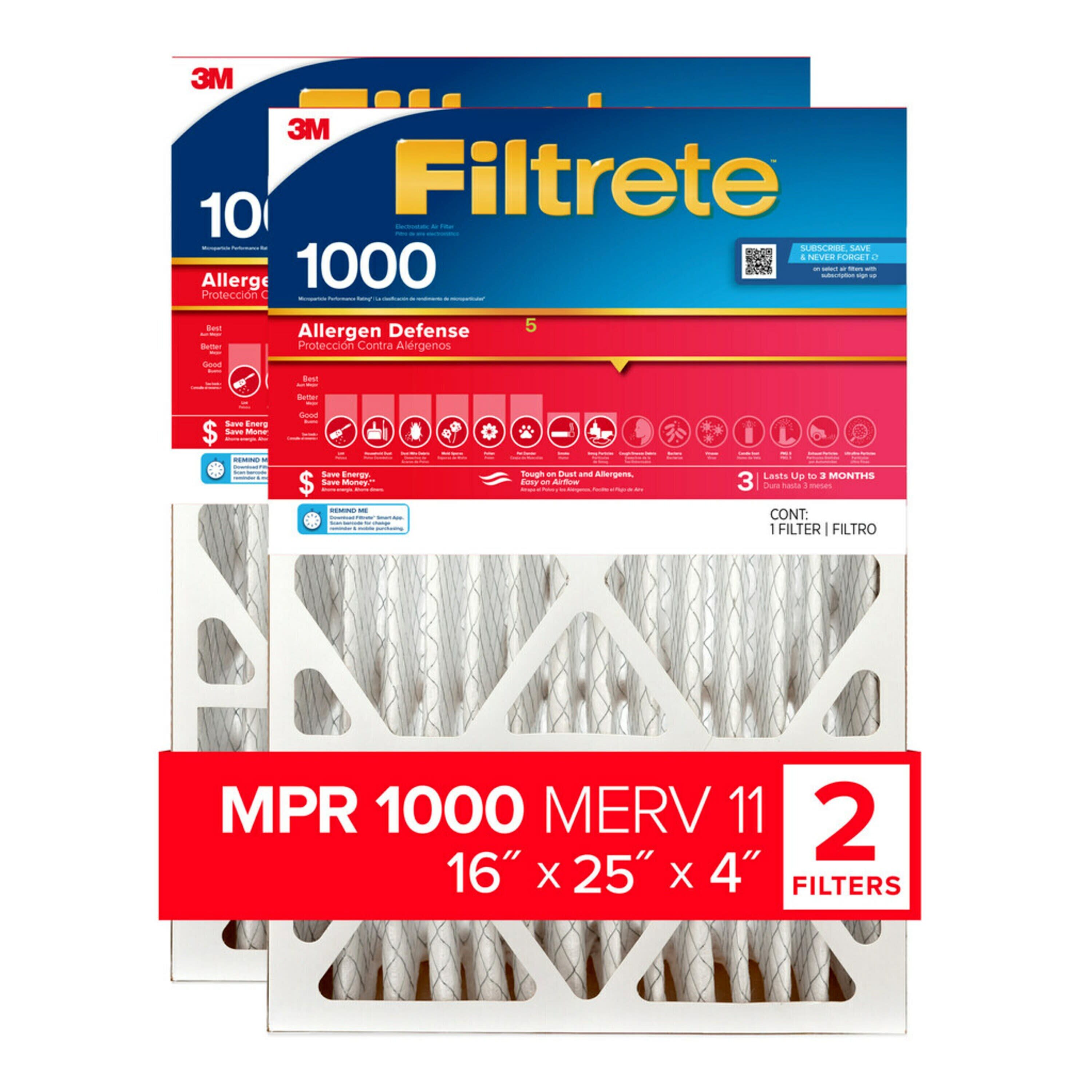 Filtrete 16-in W x 25-in L x 1-in 11 MERV 1085 MPR Allergen Defense Extra  Electrostatic Pleated Air Filter (2-Pack) in the Air Filters department at
