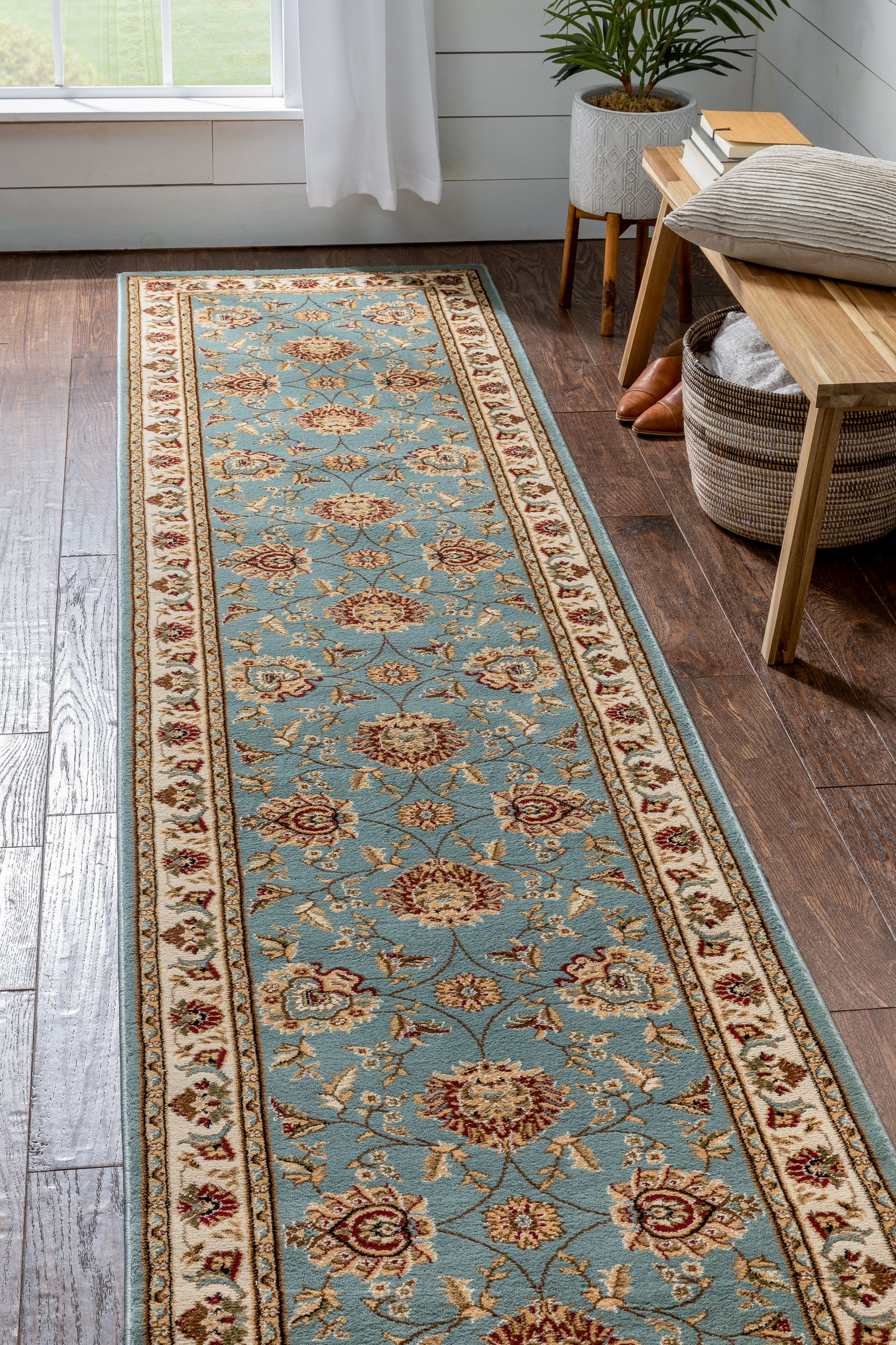 Well Woven 36062L 2 x 12 (ft) Loomed Polypropylene Light Blue Rectangular Indoor Medallion Persian Runner rug