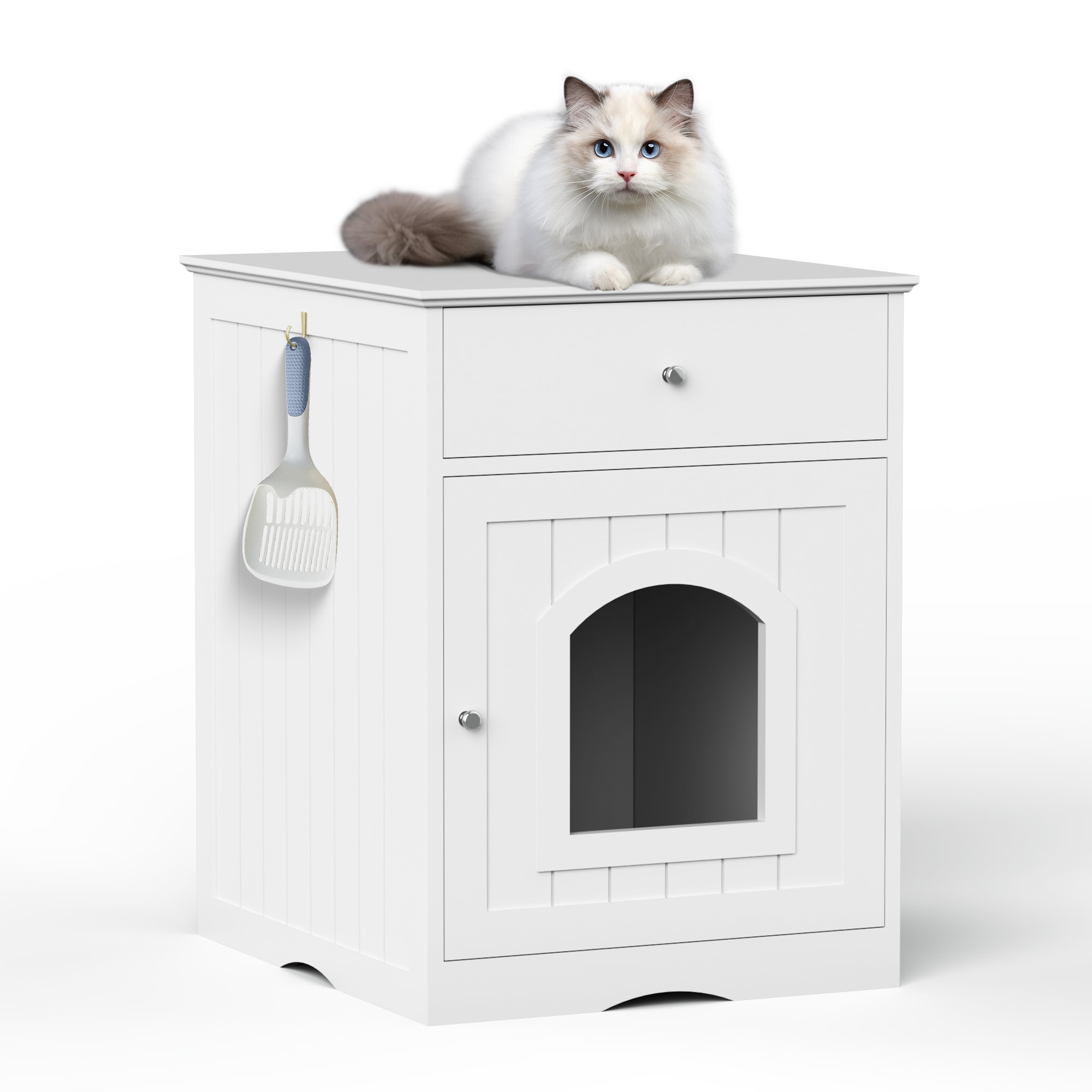 LOVMOR SF-M-W80863135 Wooden Pet House Cat Litter Box Enclosure with Drawer Side Table Indoor Pet Crate Cat Home Nightstand White