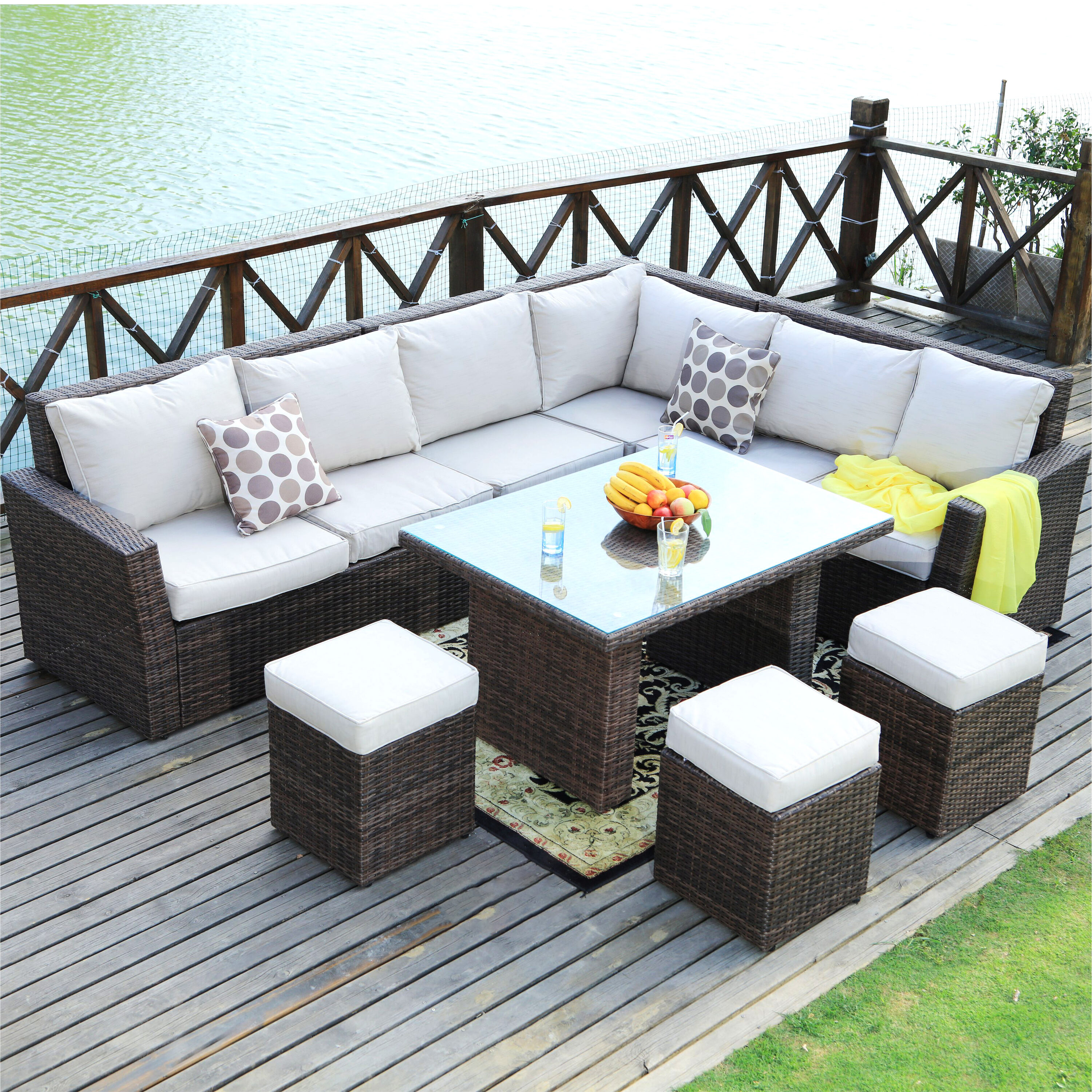 Moda Furnishings CMAS-1403-BR Alice 7 -Piece Wicker Patio Sofa Conversation Set with Brown Cushions