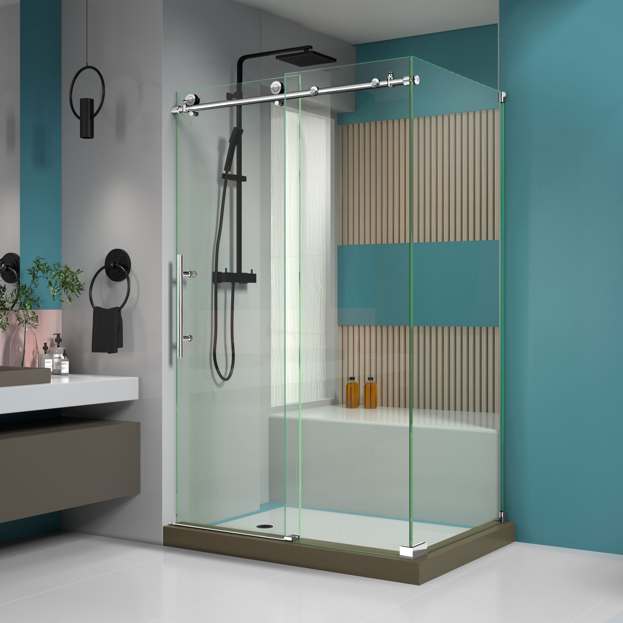 DreamLine SHEN-6134480-08 Enigma-X Polished Stainless Steel 44-3/8-in to 48-3/8-in W x 76.0-in H Frameless Sliding Shower door 3/8-in Thick Clear Glass