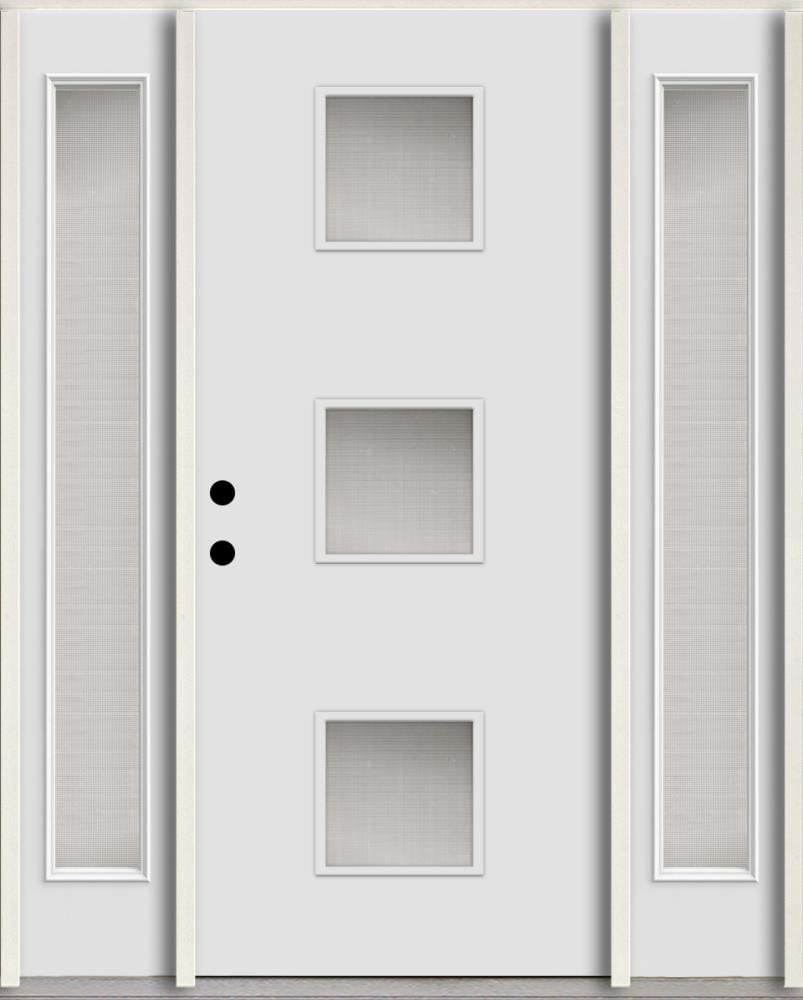 RELIABILT LO1066740 Spotlights 56-in x 80-in x 4-5/8-in Fiberglass 1/4 lite Right-hand inswing Arctic White Paint Painted Prehung Front Door with Sidelights Insulating core
