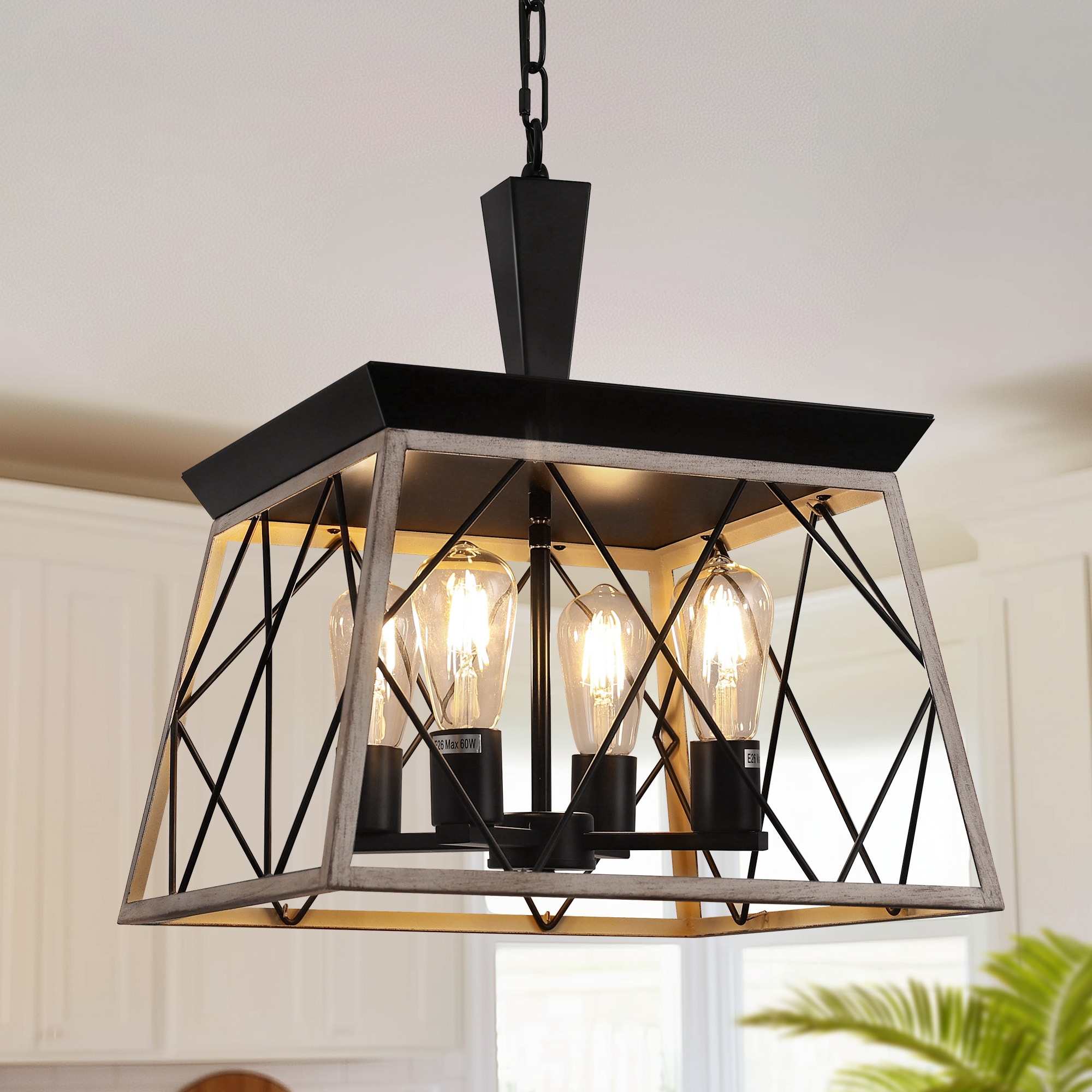 YANSUN LA-WL-ZX17101DGW-11 4 -Light Black Farmhouse Geometric Large Hanging Kitchen island light