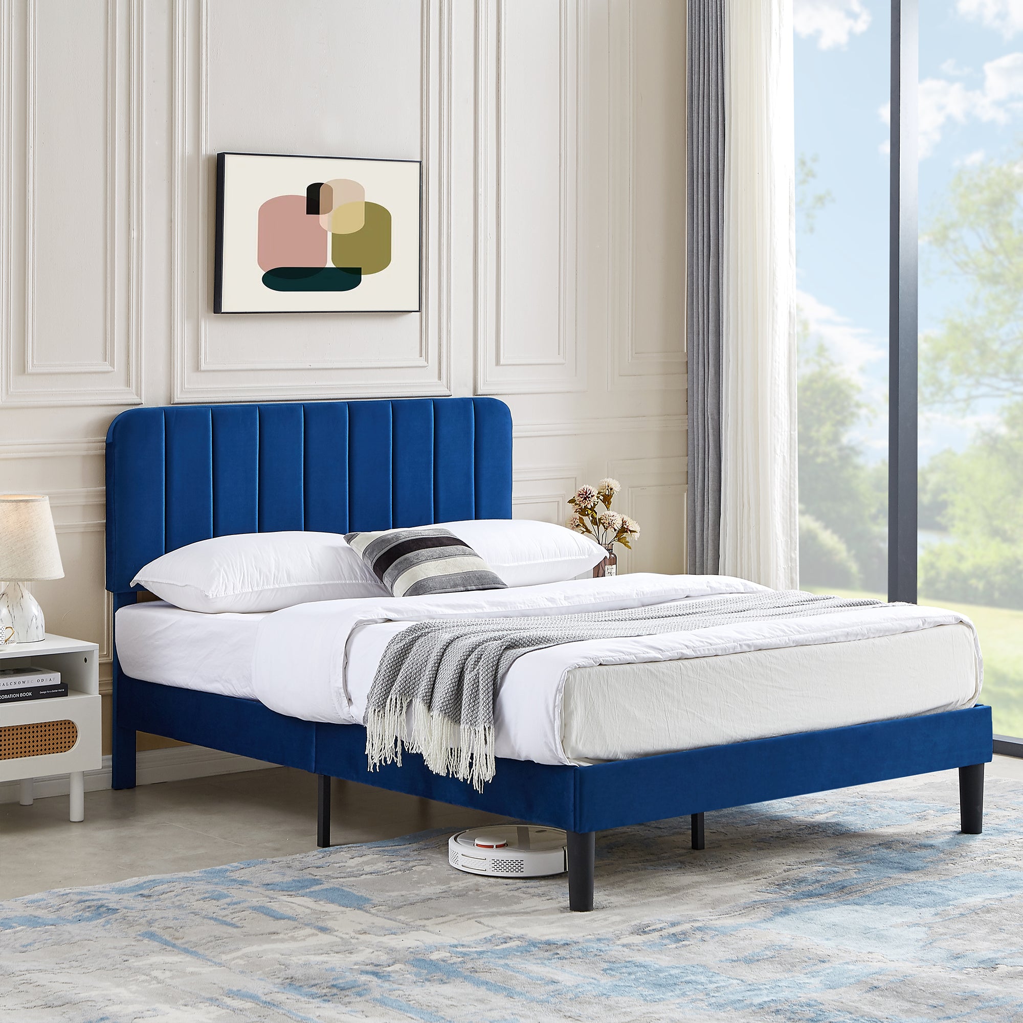 Vecelo LOE-CY-FB01-DBLU Full Size Queen Bed Frame Velvet Upholstered Platform with Adjustable Headboard Wooden Slat Dark Blue