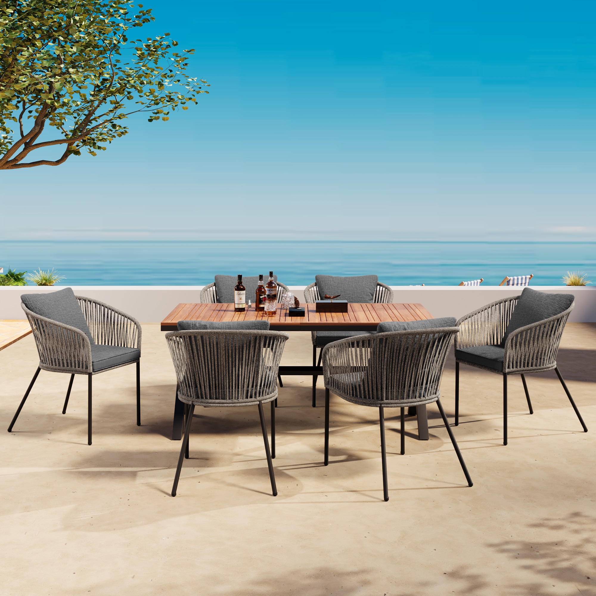 AAZJ JHO-W2681S00007 Patio Dining Sets 7 -Piece Grey Patio Dining Set Wood Rectangle Table with 6 Cushions Stationary Chairs