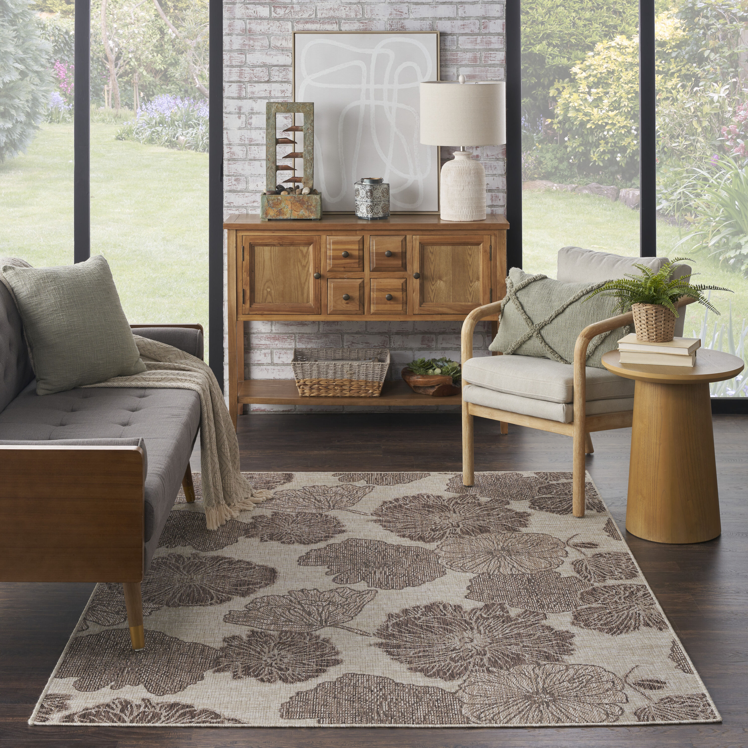 Nourison Home 099446959683 Garden Oasis 5 x 7 (ft) Loomed Polypropylene Natural Rectangular Indoor/Outdoor Floral/Botanical Tropical Area rug