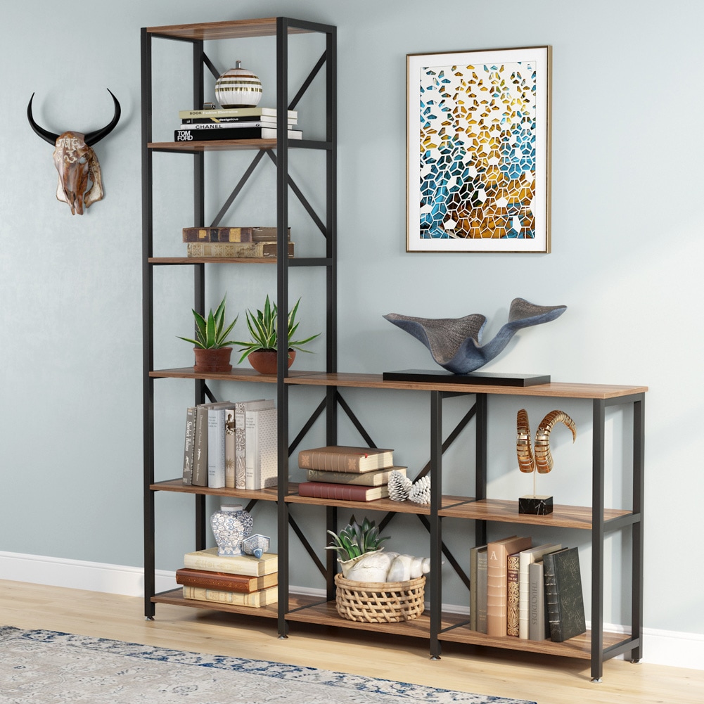 Tribesigns Brown Metal 12-Shelf Ladder Bookcase (39.37-in W x 70.86-in H x 11.81-in D) | HOGA-K0055