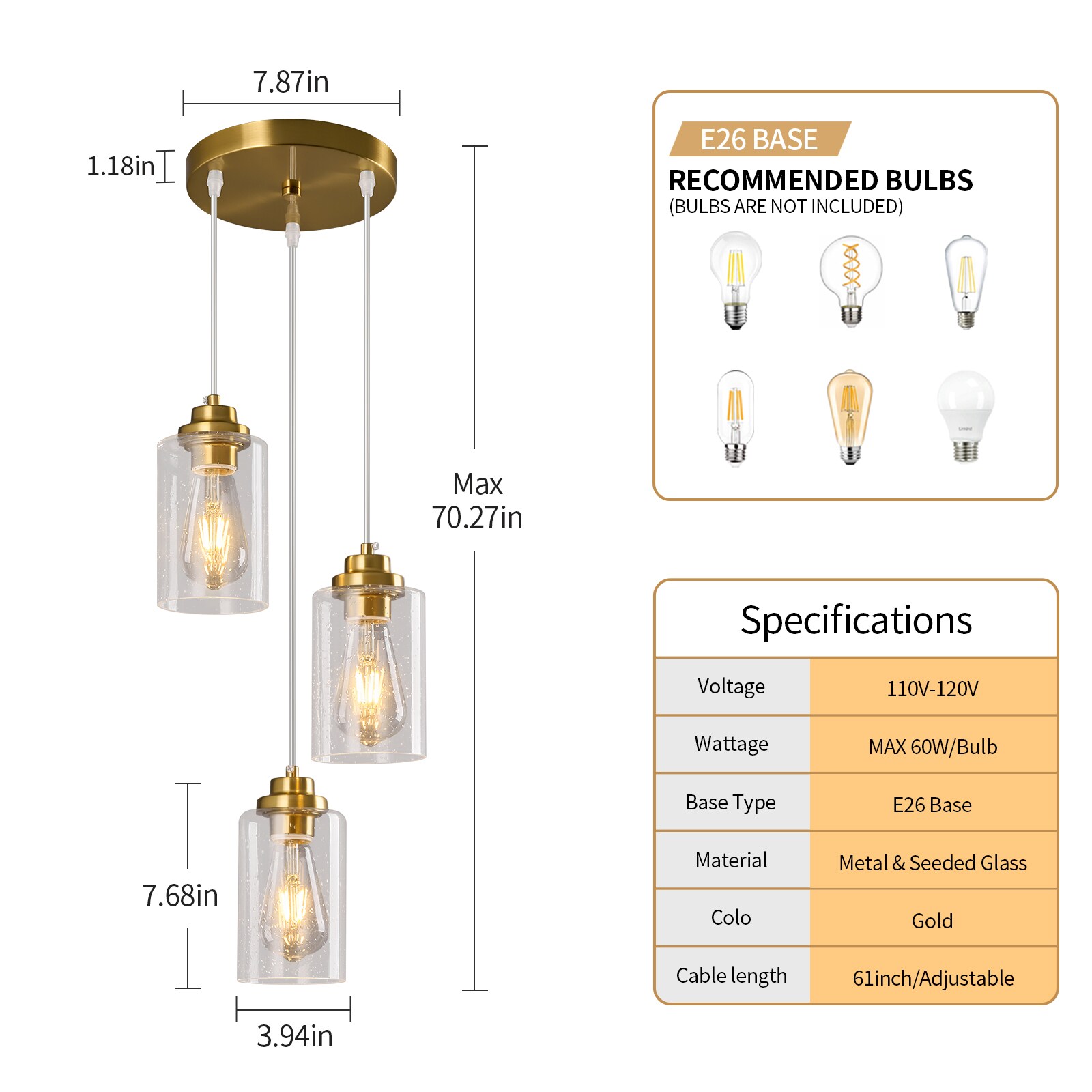 ZHLLMQ Modern 3-Light Gold Seeded Glass Industrial 7.87in Kitchen ...