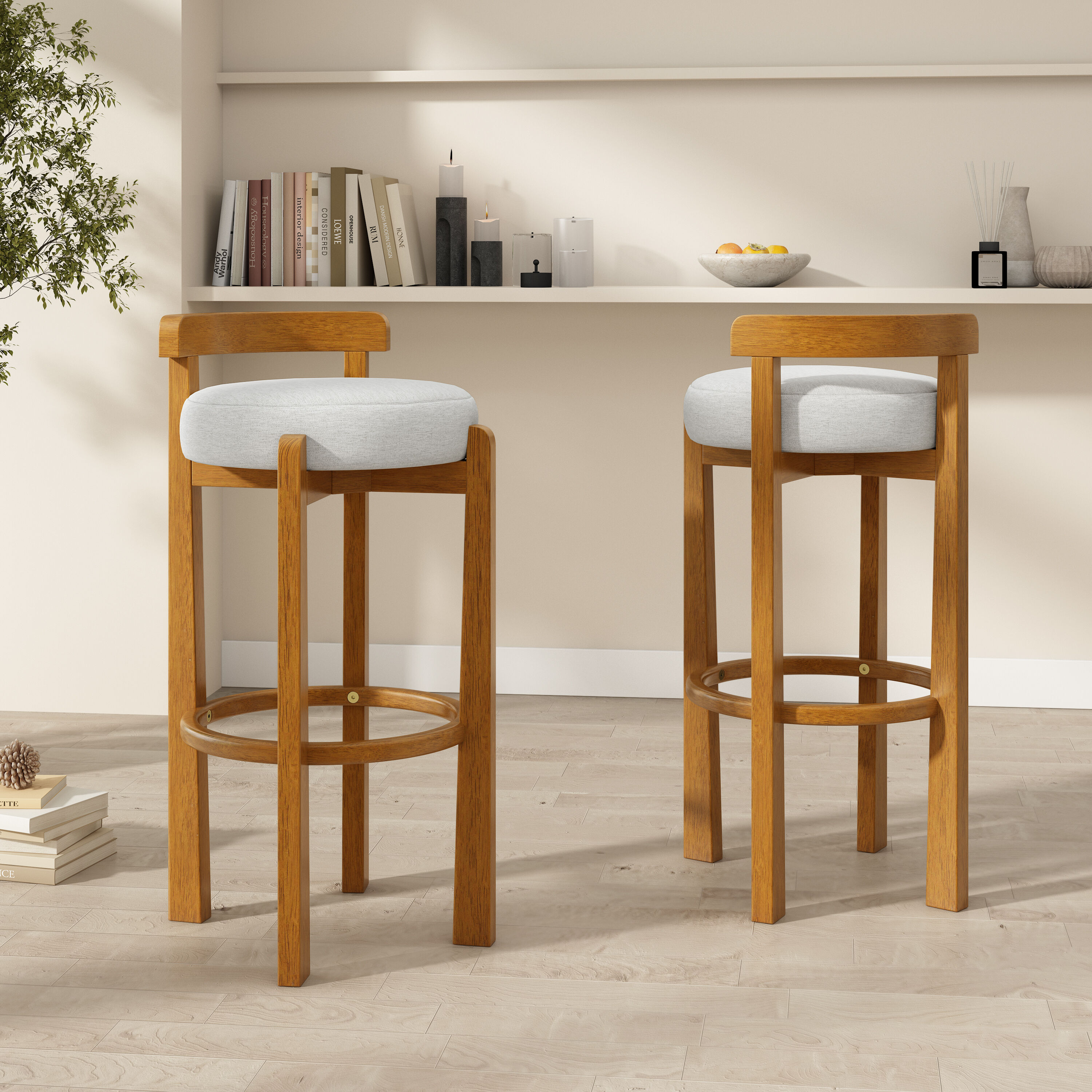 ModernLuxe Assembly Required Elise Indoor Wooden Low Back Barstool Walnut Finished and Ivory Upholstery Set of 2