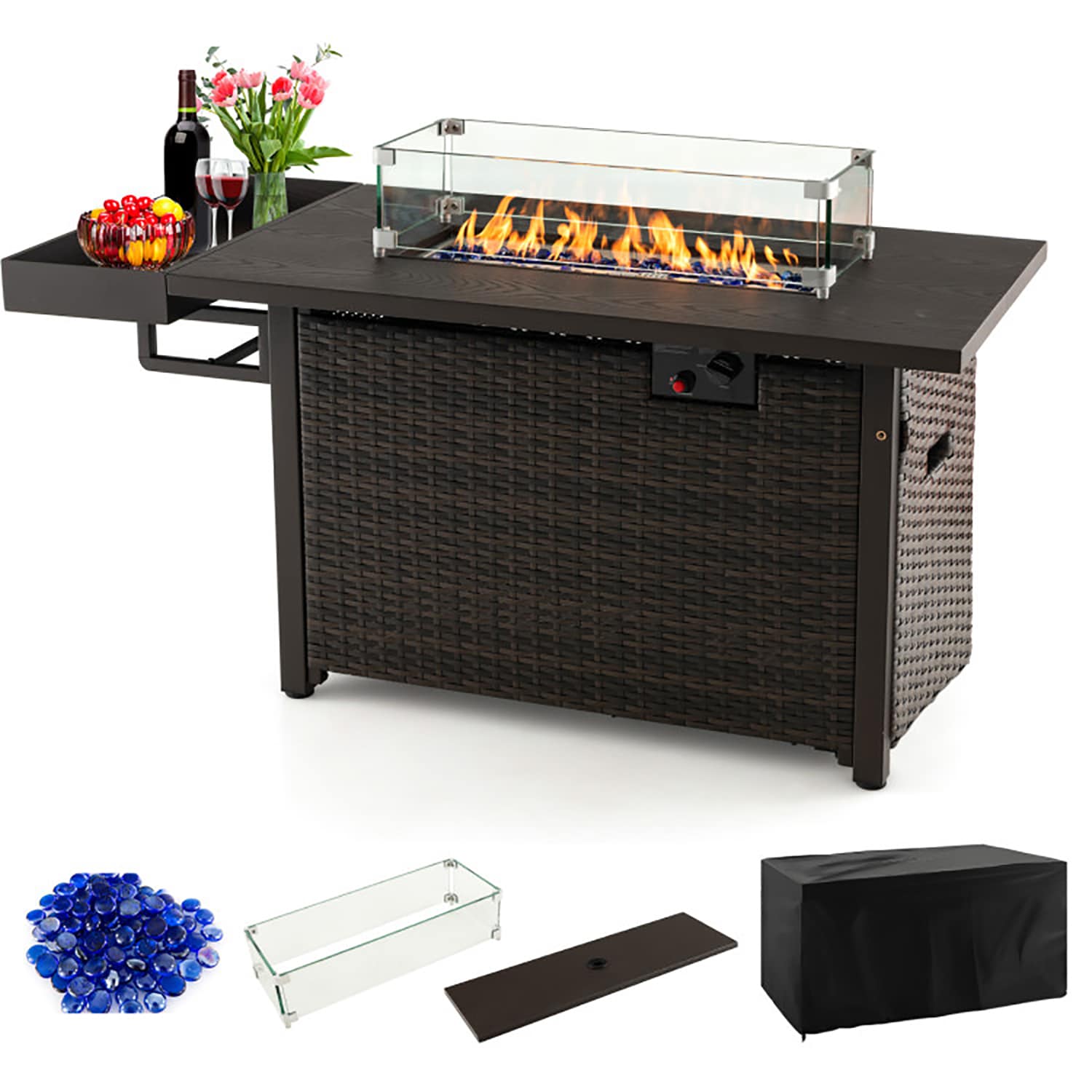 GZMR GZFP-07 52 Inches Outdoor Wicker Gas Fire Pit Propane Fire Table 52-in W Brown Portable Composite Rectangle Tabletop Liquid propane Fire table