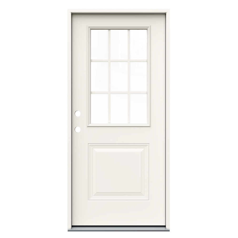 JELD-WEN JWPRO239200204 36-in x 80-in x 4-9/16-in Steel Half lite Right-hand inswing Primed Prehung Front Door Insulating core with Grilles